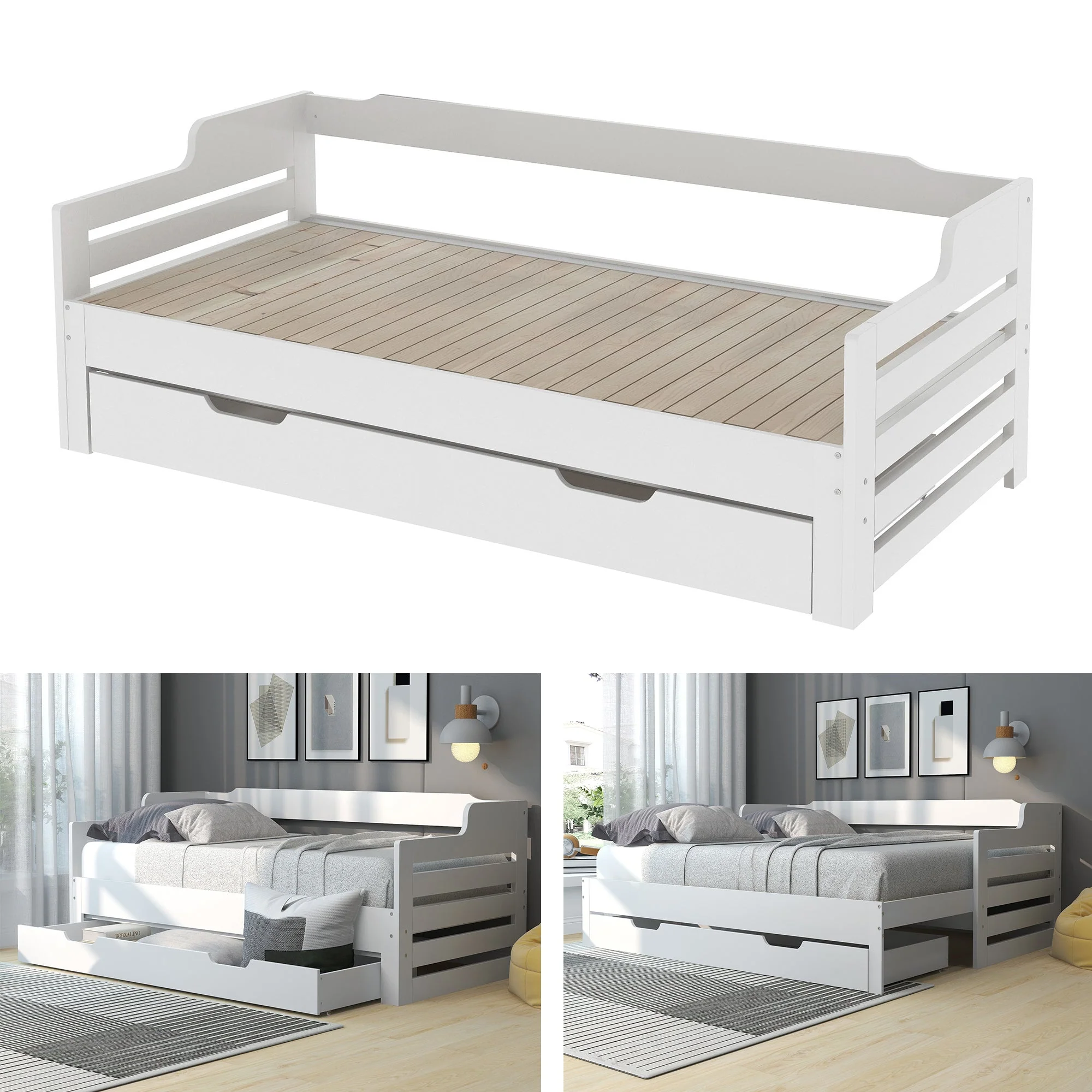 Daybed, Trundle and Drawer, Cabin Bed, Single Guest Sofa Bed with Pull-out Trundle and Storage, 90x190cm, White - Image 4