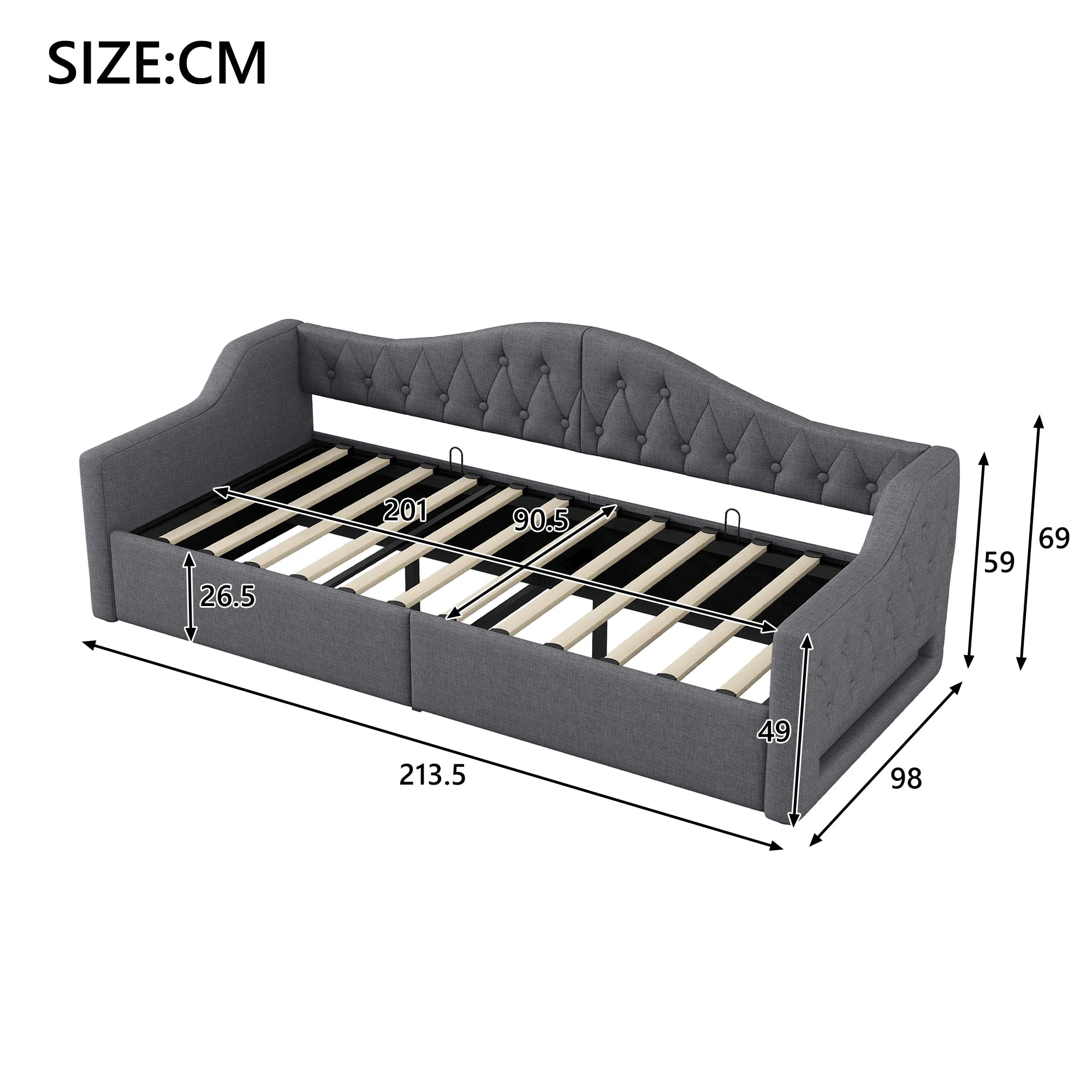 Daybed Upholstered 90x200 LED Storage - Grey - Image 4