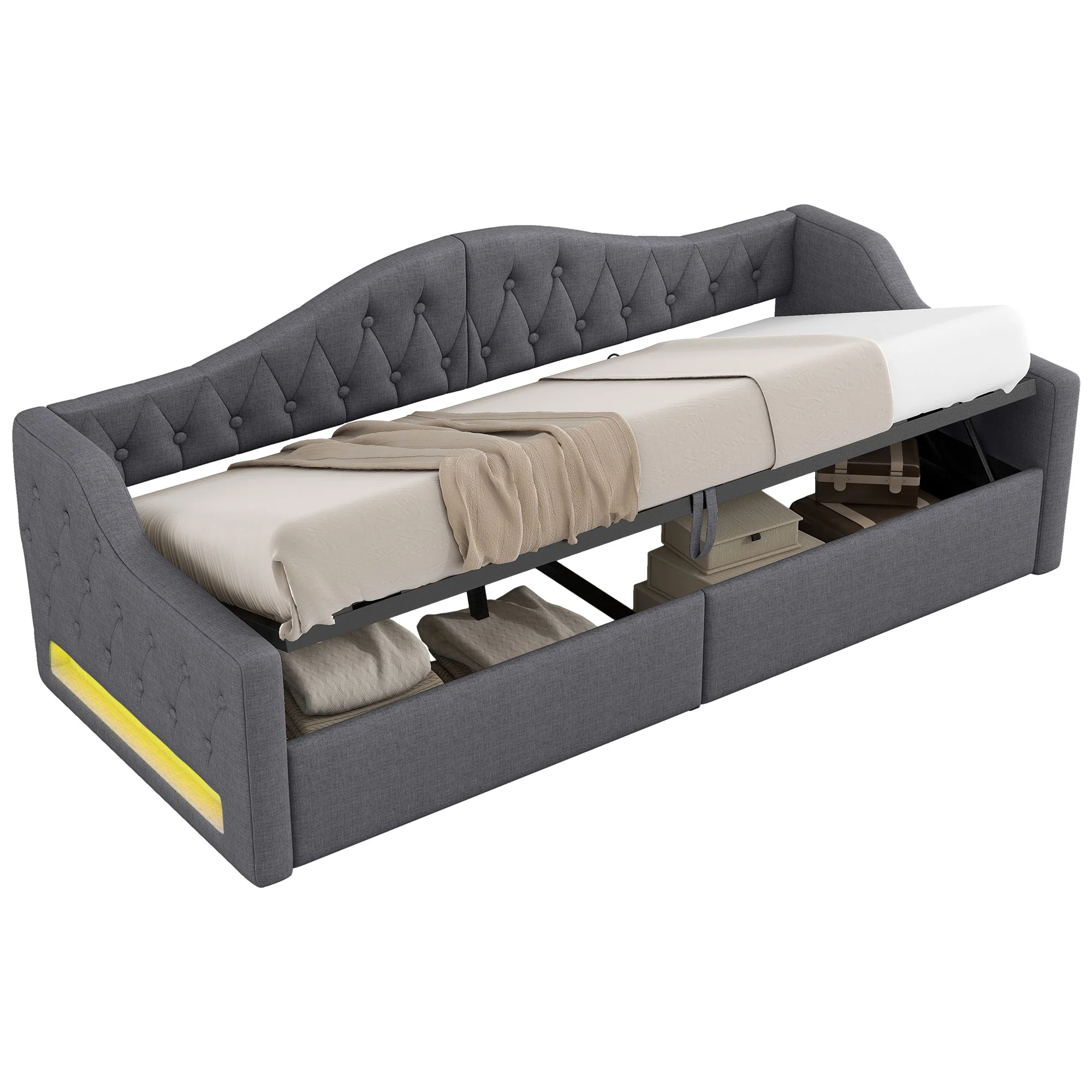 Daybed Upholstered 90x200 LED Storage - Grey - Image 5