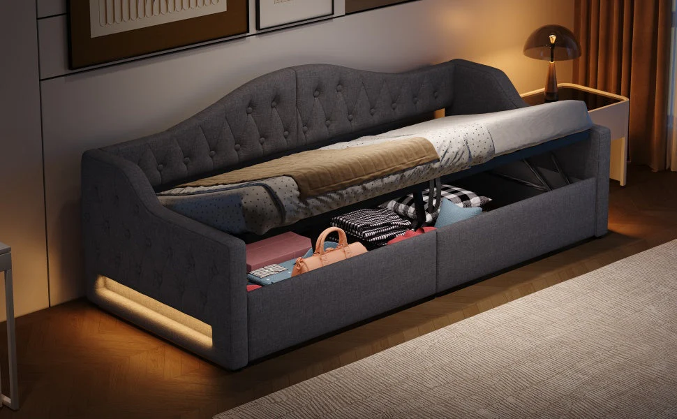 Daybed Upholstered 90x200 LED Storage - Grey - Image 7