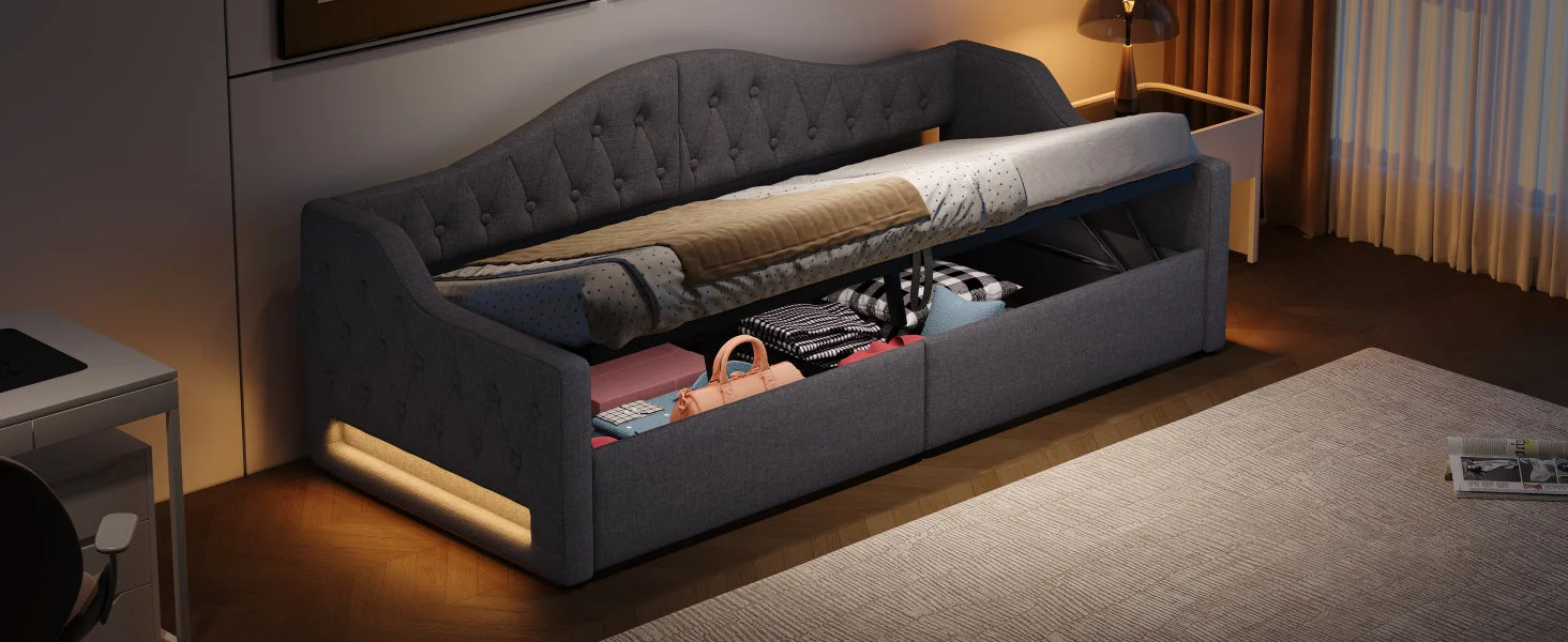 Daybed Upholstered 90x200 LED Storage - Grey - Image 9