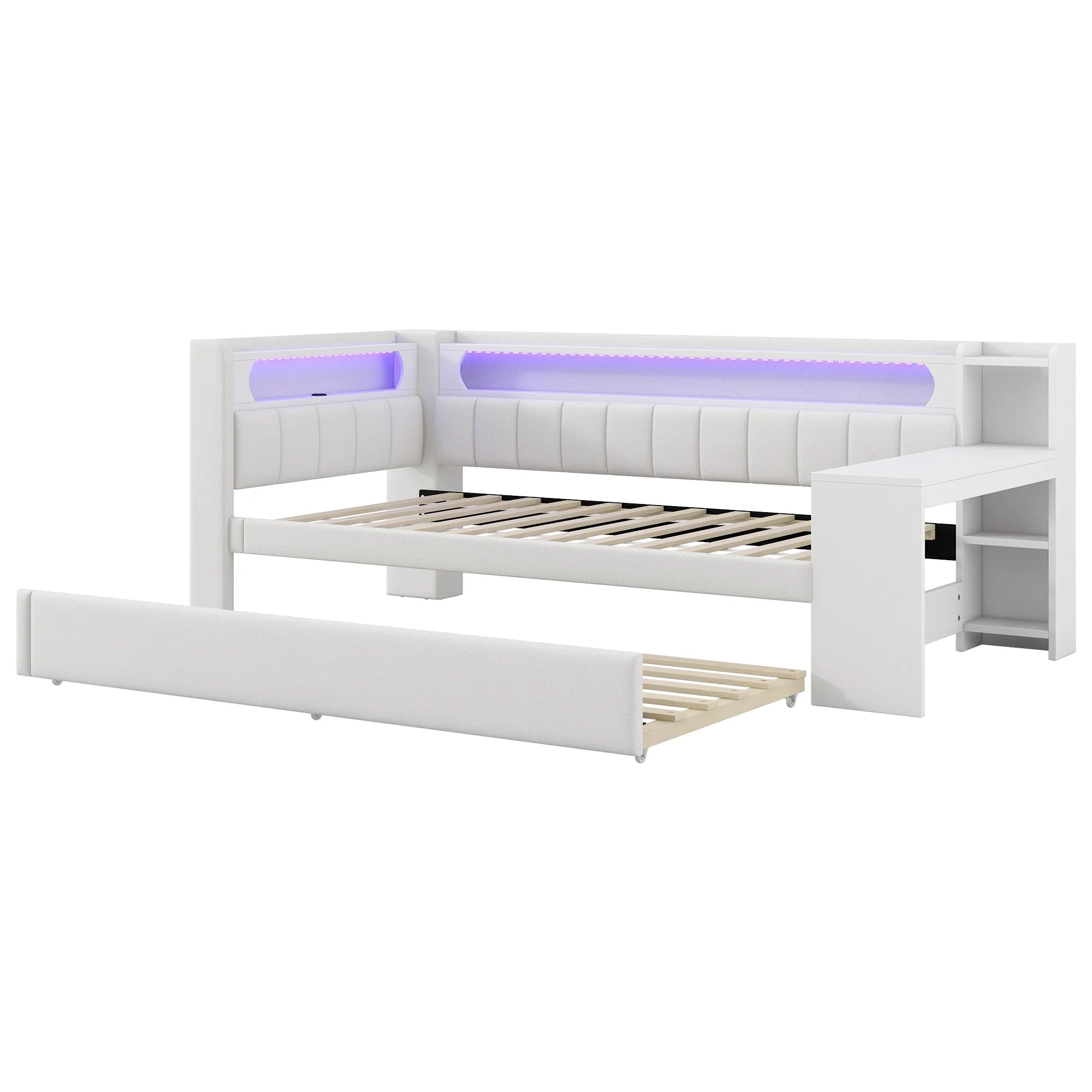 Daybed Upholstered 90x200cm Pull-out Bed Desk LED USB - White - Image 7