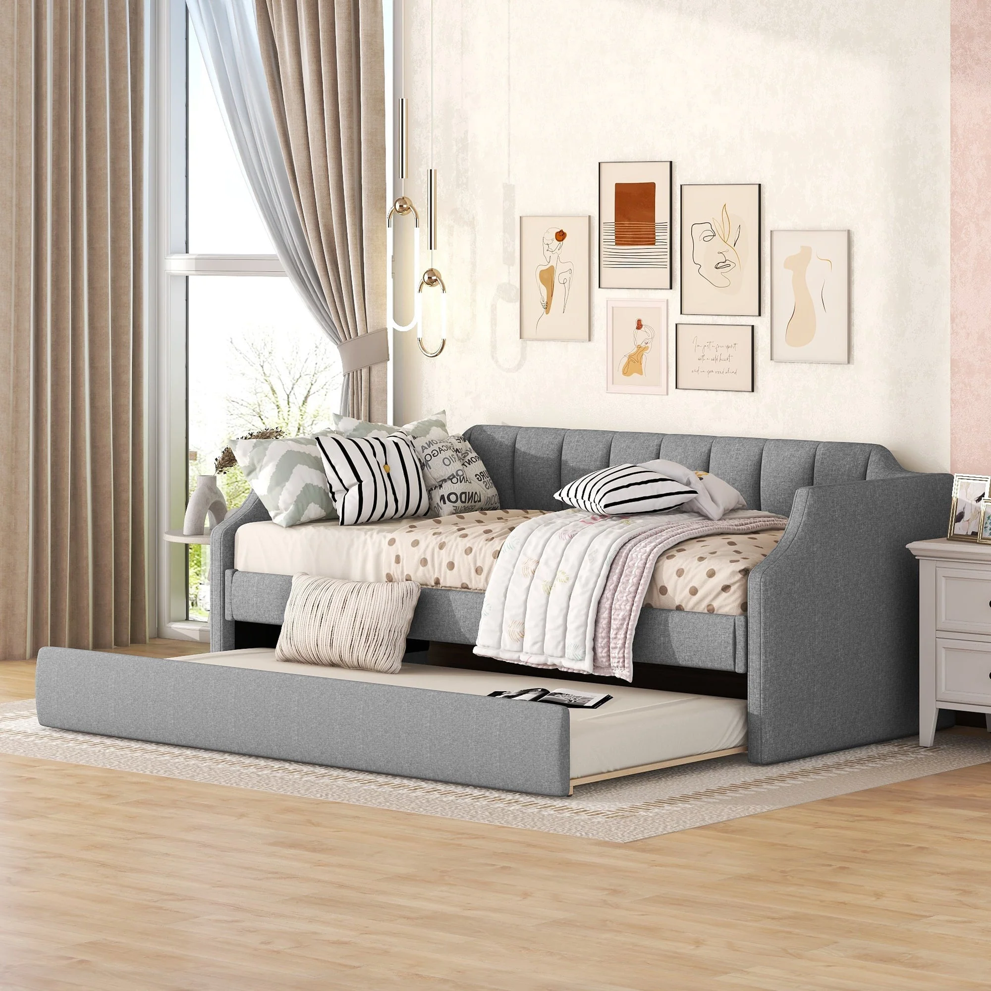 Daybed Upholstered Single Rollaway Bed 90x200cm - Grey - Image 2
