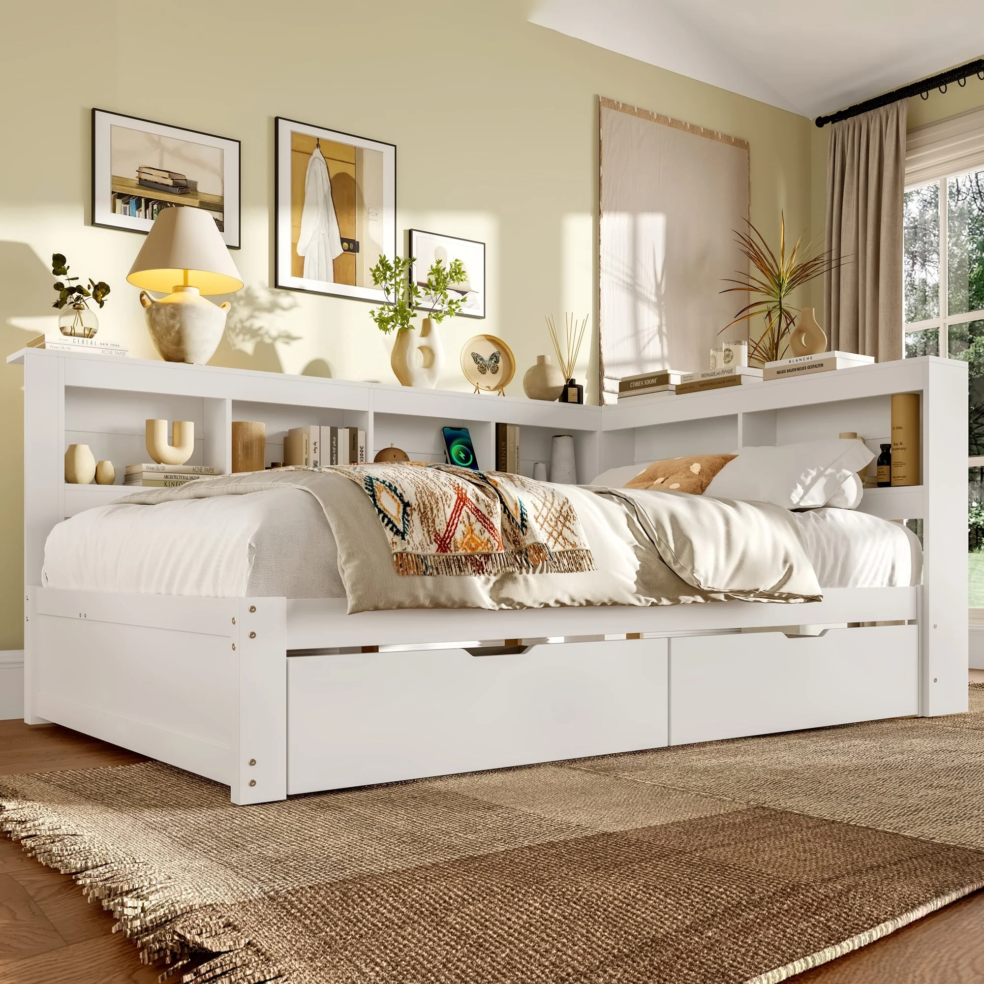 Daybed with 2 Drawers and USB Charging Ports, 140 x 200 cm, White Chipboard - Image 2