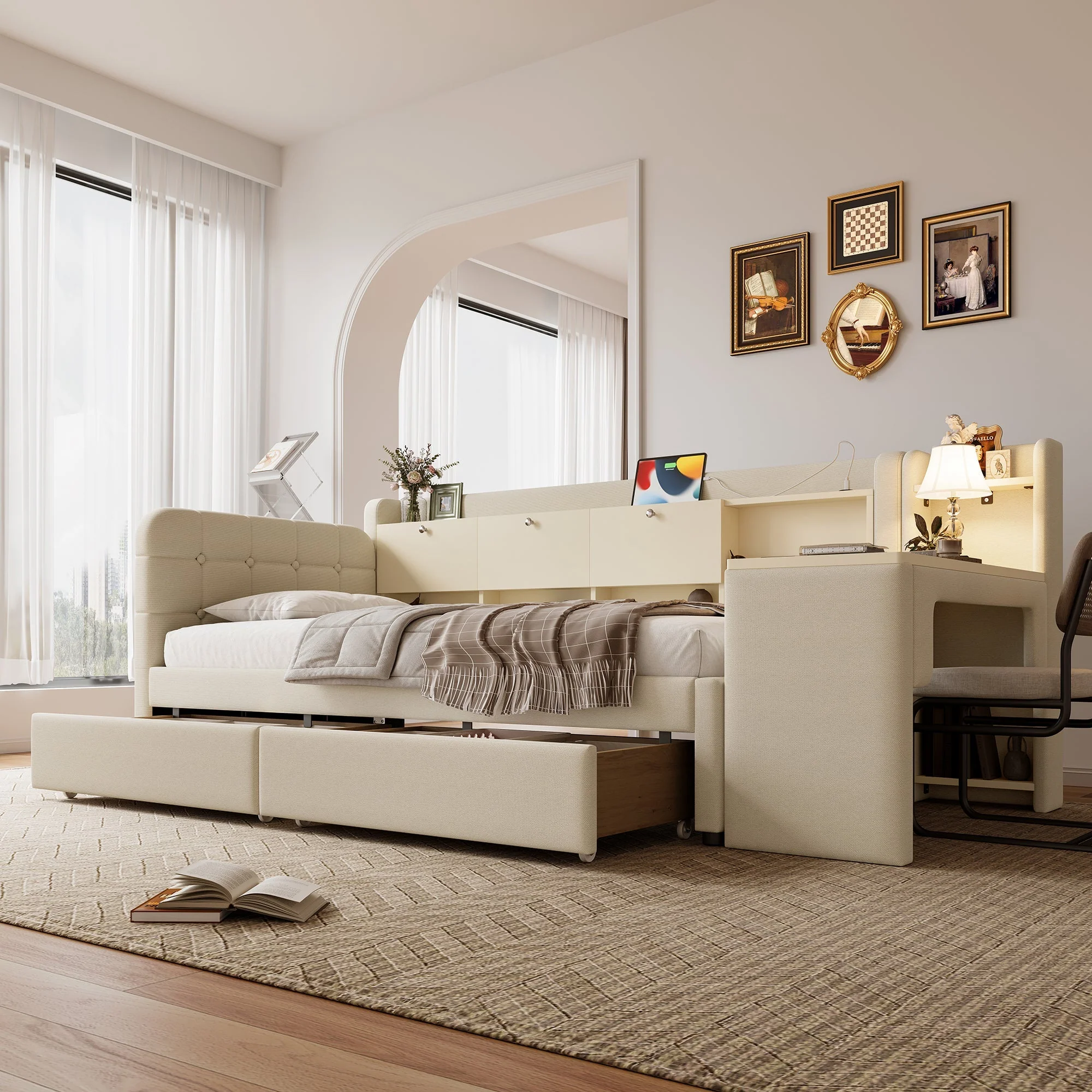 Daybed with Desk and Drawers, USB Ports and Storage, Beige Linen - Image 5