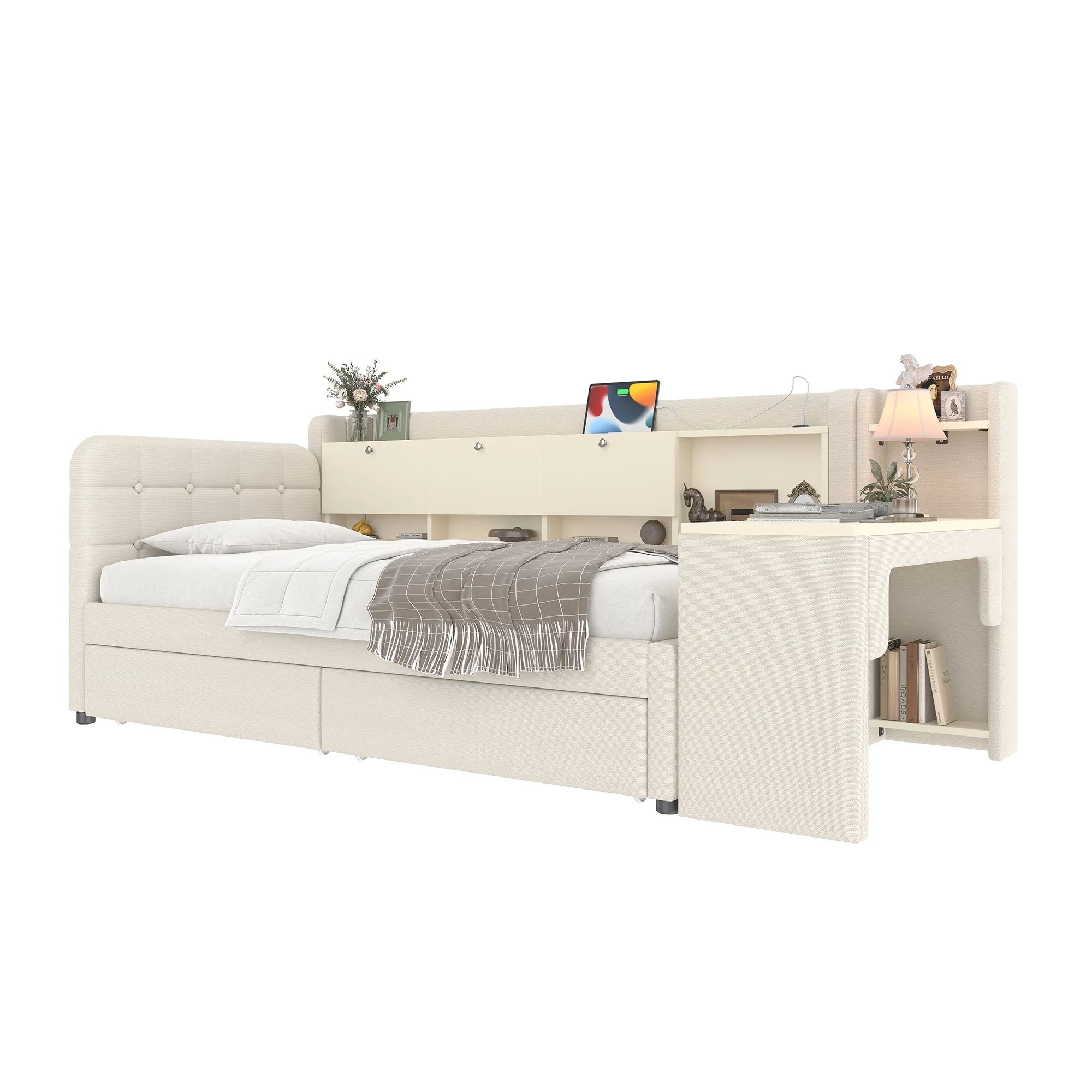 Daybed with Desk and Drawers, USB Ports and Storage, Beige Linen - Image 7