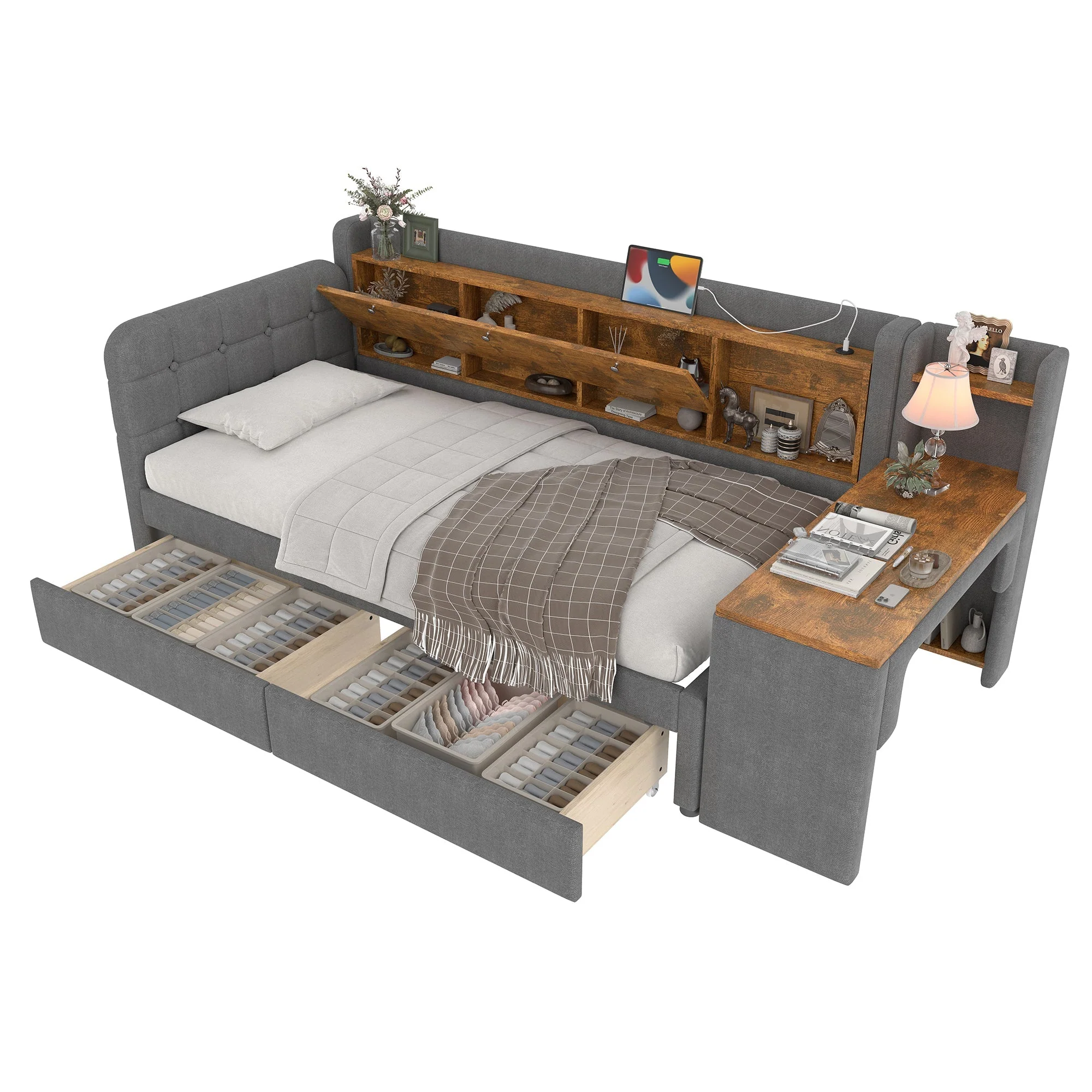 Daybed with Desk and USB Charging, 2 Drawers and Storage Compartments, Grey Linen - Image 9