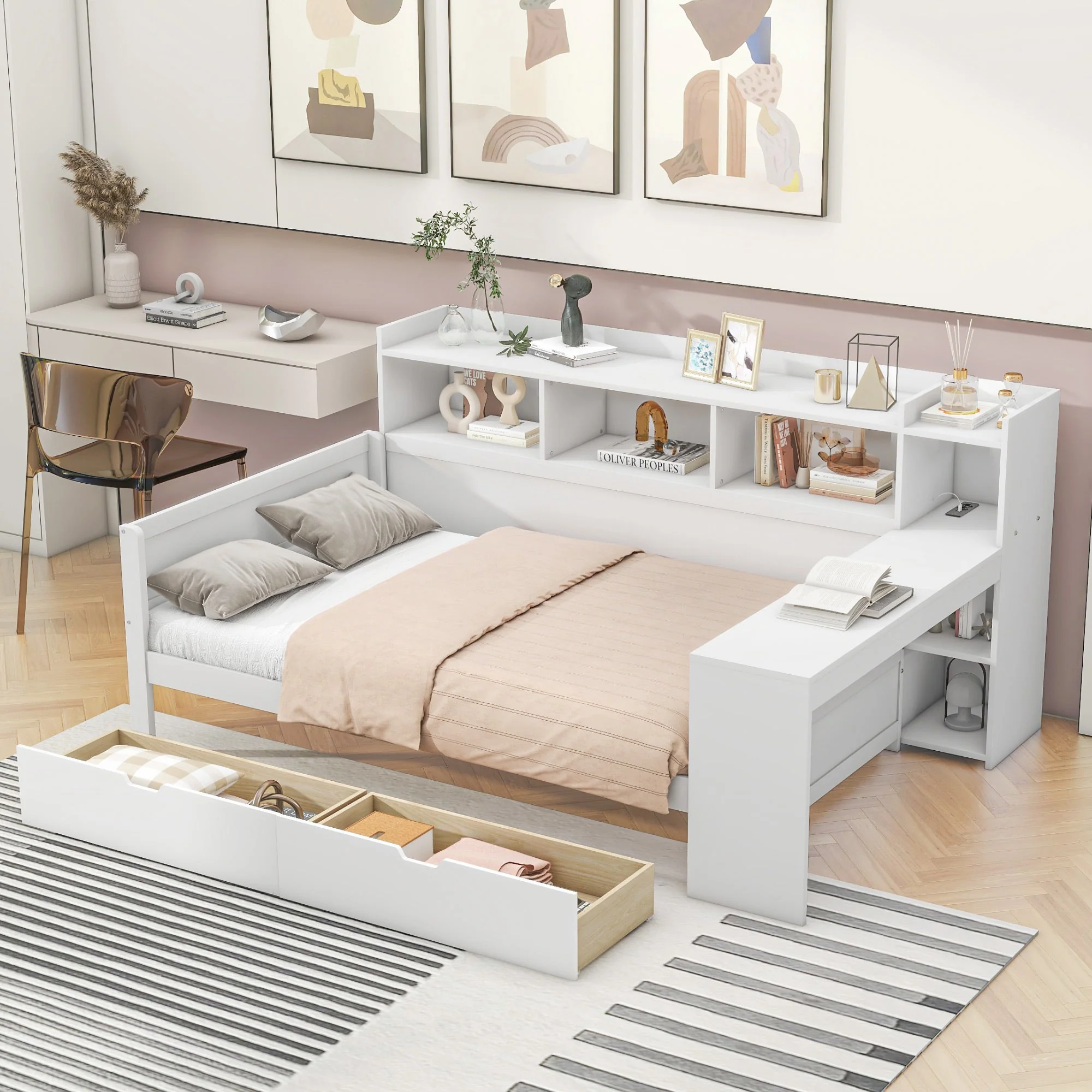 Daybed with Desk and USB Charging Port, 90 x 200 cm with 2 Drawers and Storage Shelves, White Chipboard - Image 5