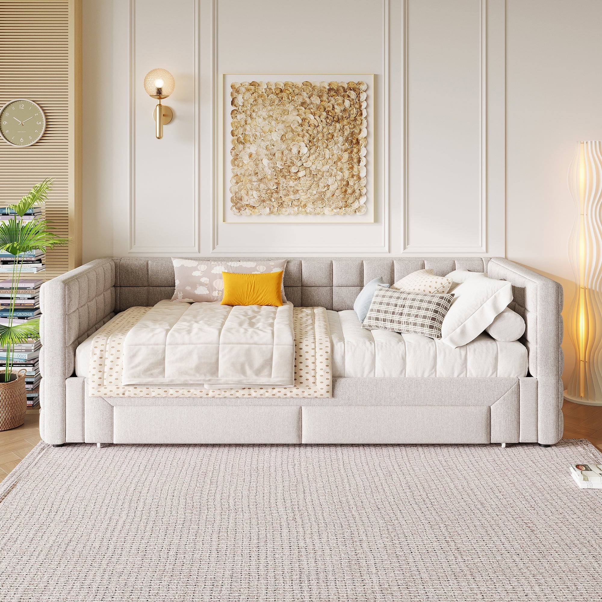 Daybed with Extendable Frame and 2 Storage Drawers, Beige Samt and MDF - Image 8