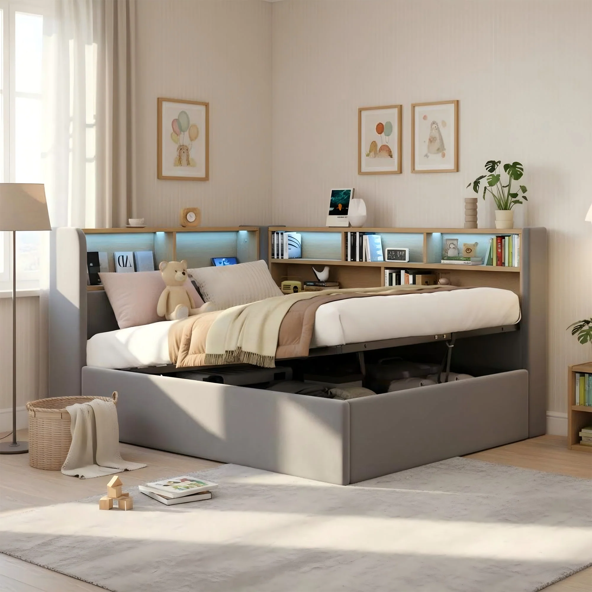 Daybed with Hydraulic Storage, LED and USB, Grey Velvet - Image 2