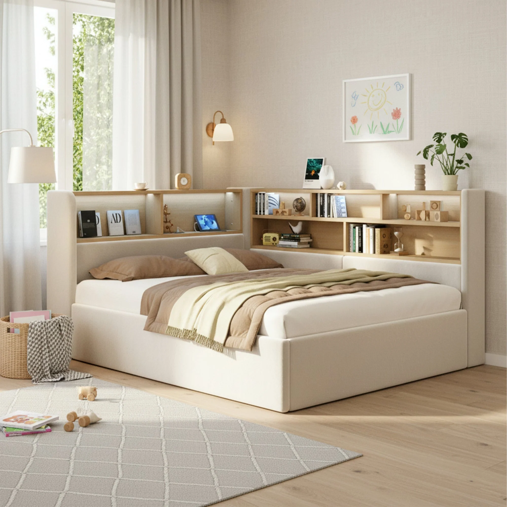 Daybed with Hydraulic Storage, LED, USB and Backrest, 140x190cm, Beige Velvet - Image 3
