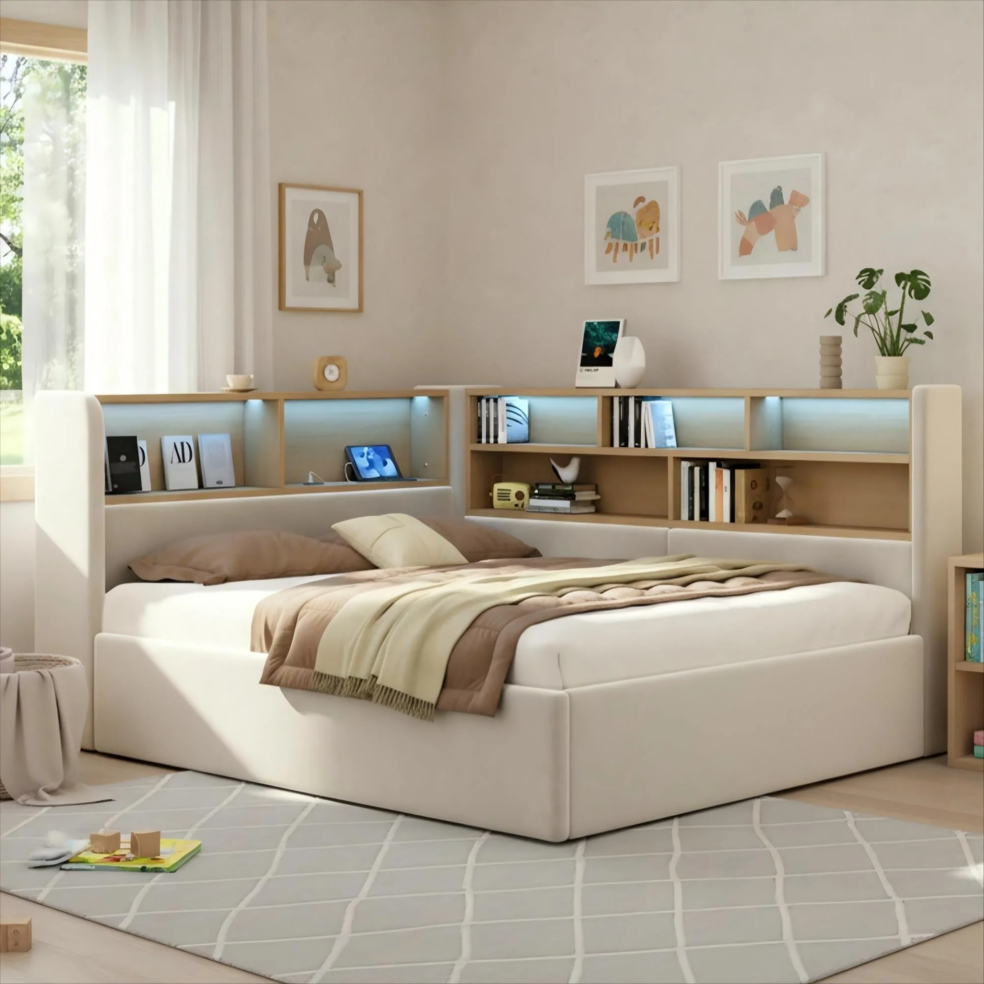 Daybed with Hydraulic Storage, LED, USB and Backrest, 140x190cm, Beige Velvet - Image 4