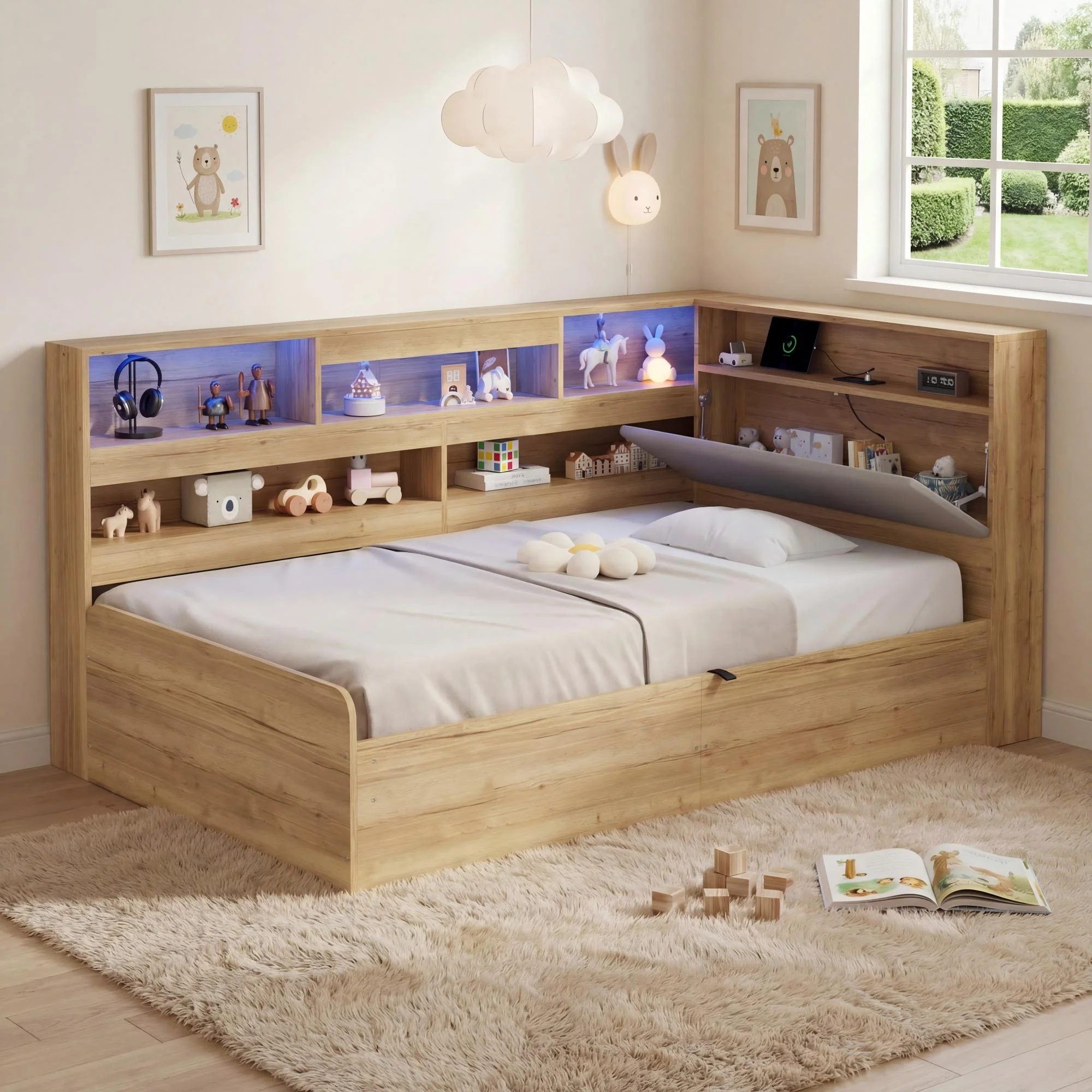 Daybed with Hydraulic Storage, USB Charging and LED Lighting, 90x200cm, Natural Wood - Image 3