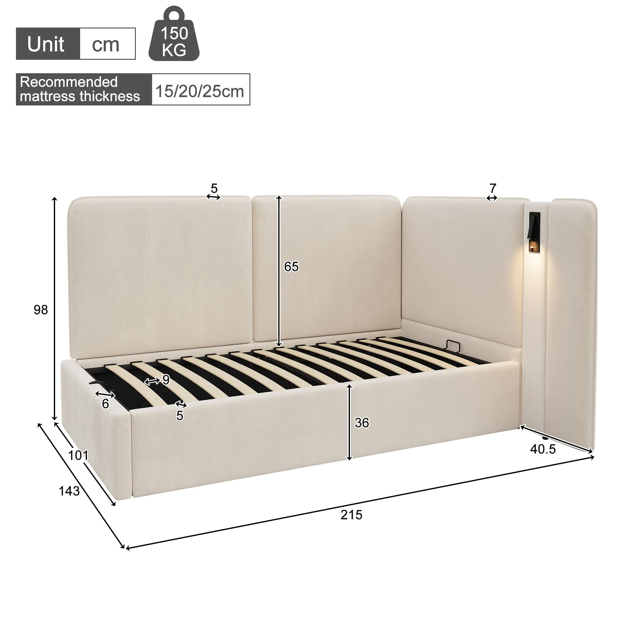 Daybed with Hydraulic Storage, USB Port and Reading Lamp, 90x200cm, Beige Velvet - Image 6