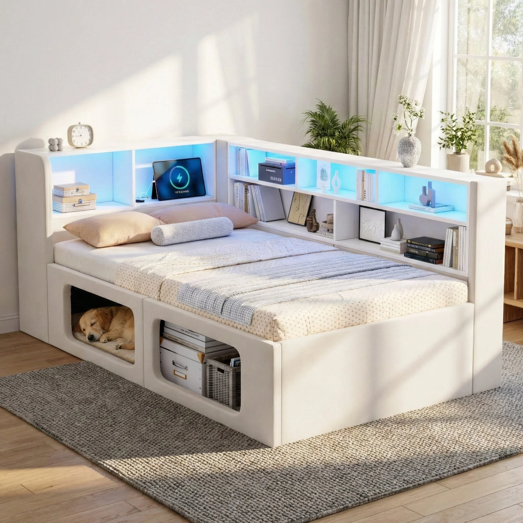 Daybed with Integrated Pet House, LED, USB and Storage, 90x200cm, Beige Velvet - Image 2