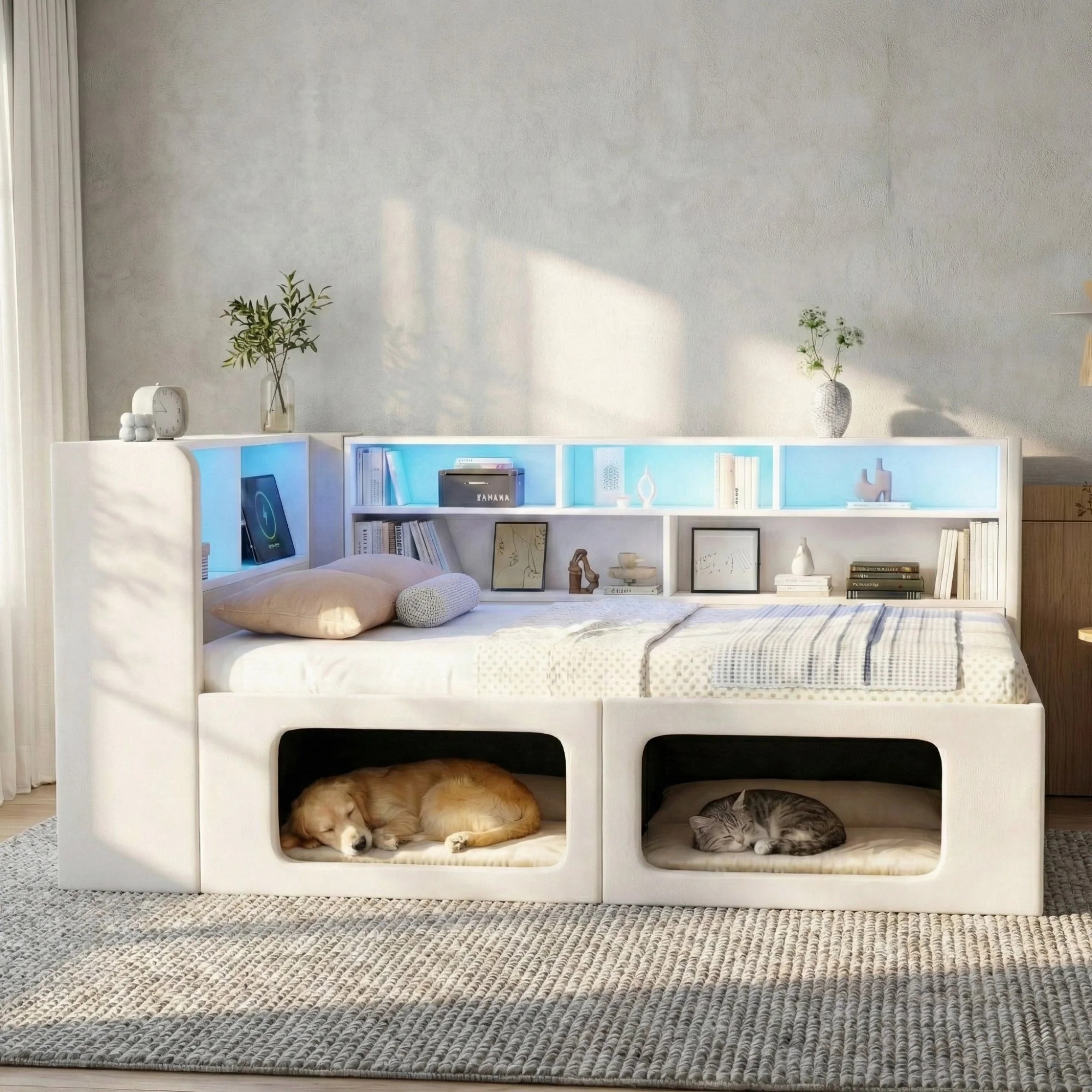 Daybed with Integrated Pet House, LED, USB and Storage, 90x200cm, Beige Velvet - Image 3