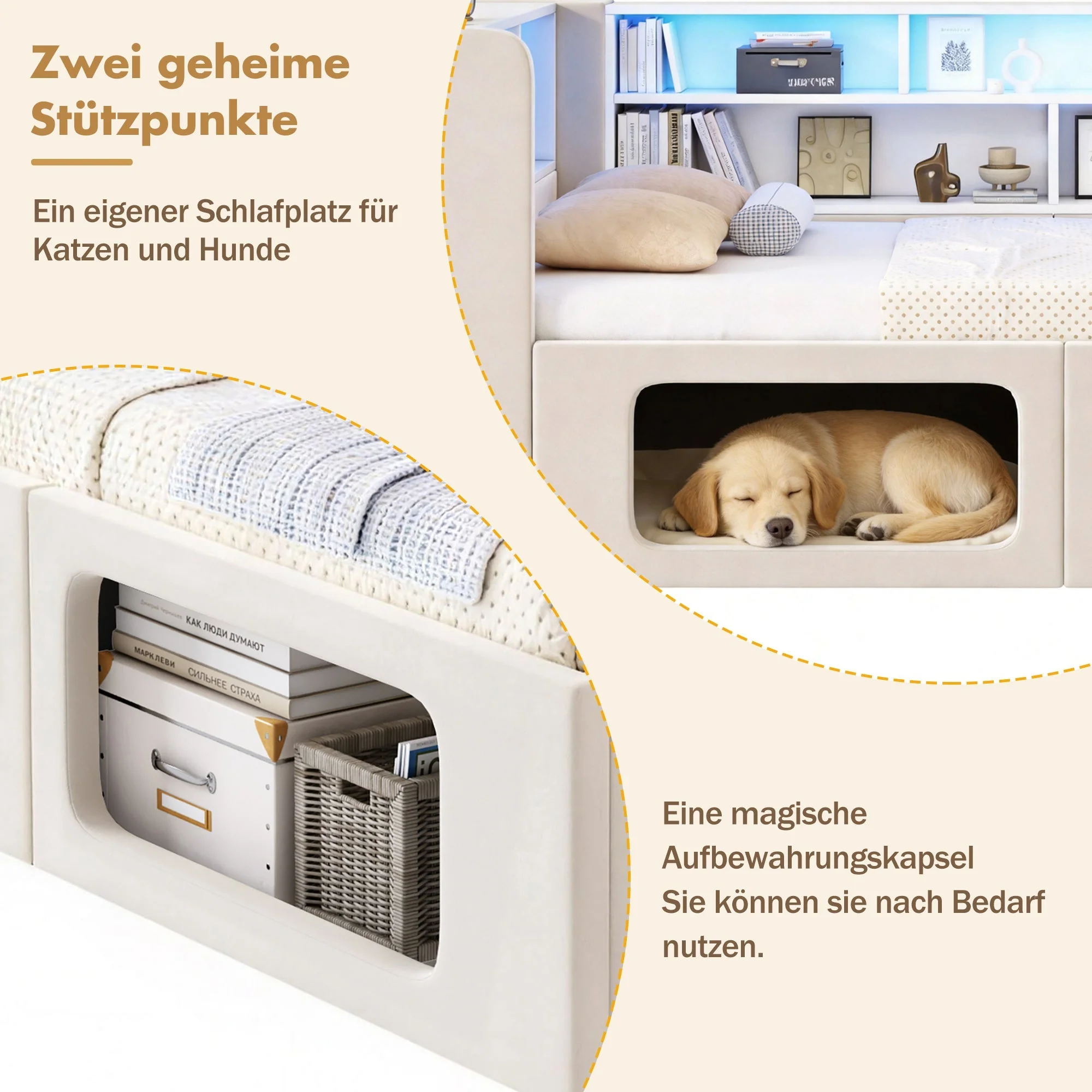 Daybed with Integrated Pet House, LED, USB and Storage, 90x200cm, Beige Velvet - Image 4