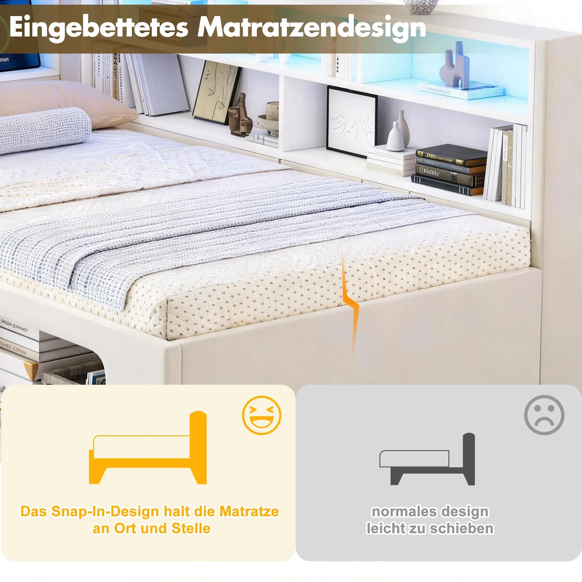 Daybed with Integrated Pet House, LED, USB and Storage, 90x200cm, Beige Velvet - Image 6