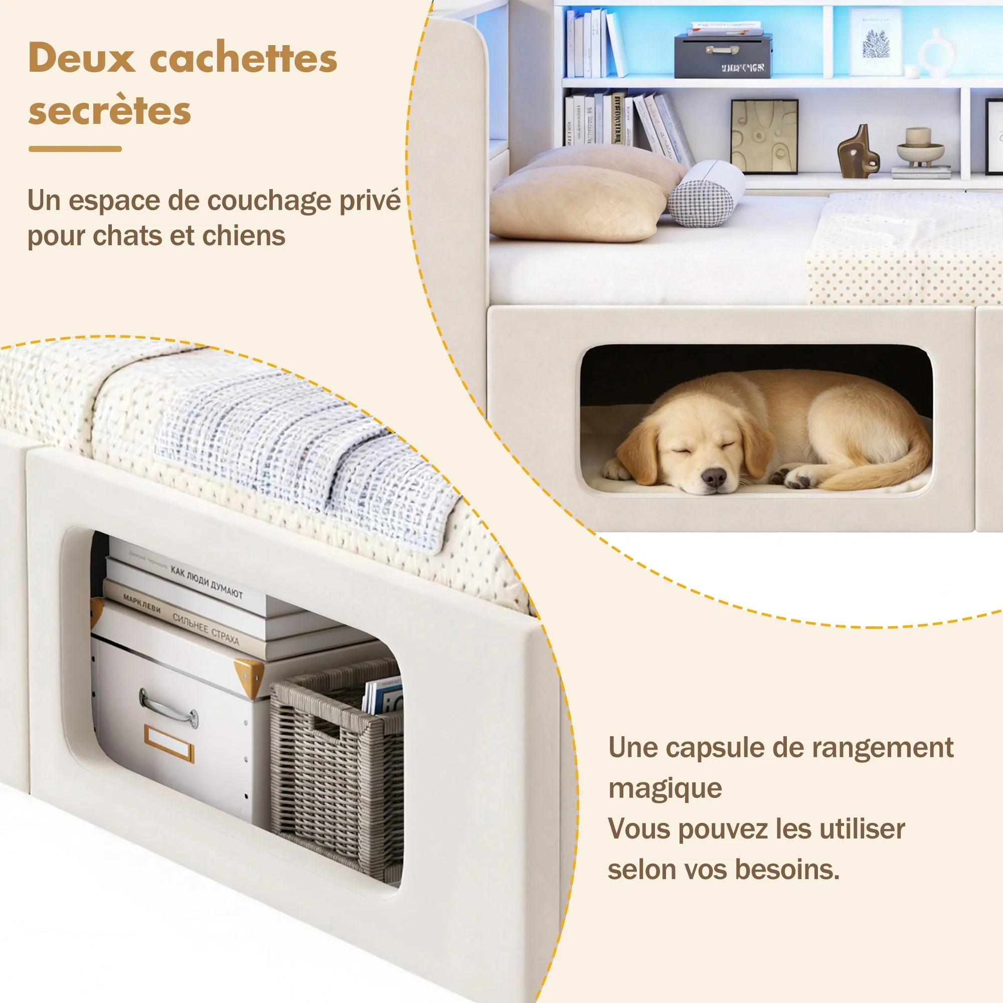 Daybed with Integrated Pet House, LED, USB and Storage, 90x200cm, Beige Velvet - Image 8