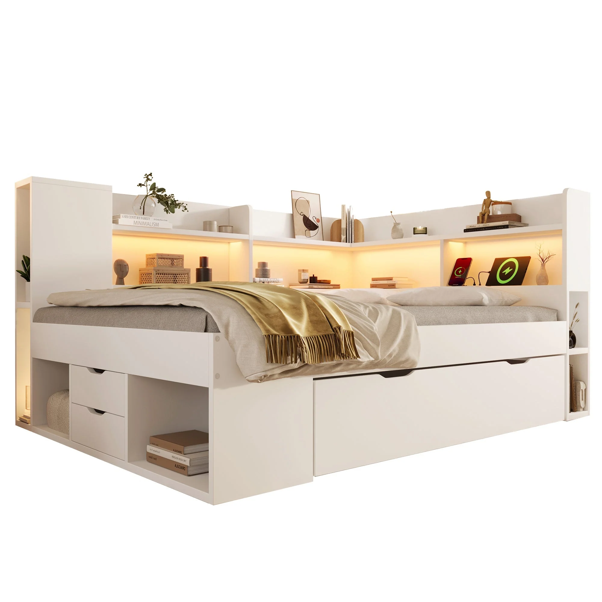 Daybed with LED, Charging Station and Storage, 90x200cm, White Wood-based Material - Image 7