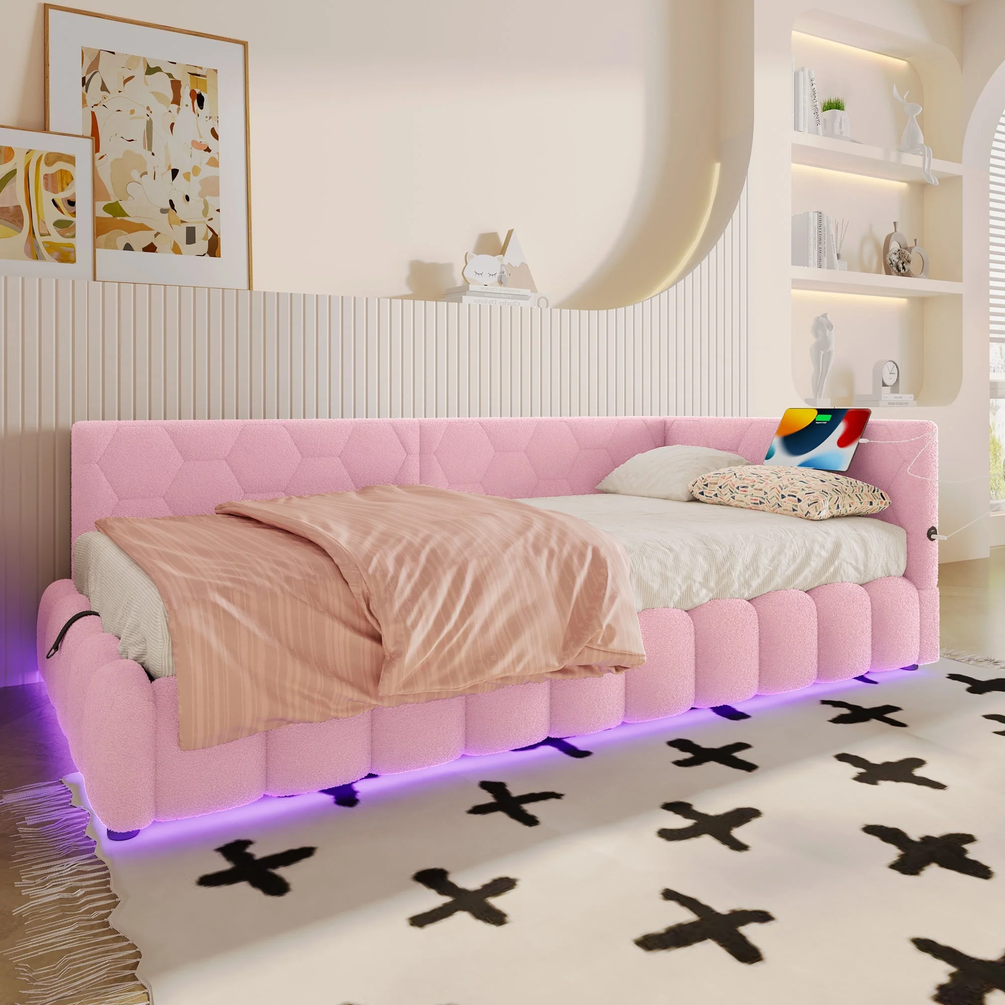 Daybed with LED Light, Hydraulic Storage and USB Charging, Pink Imitation Fleece - Image 6