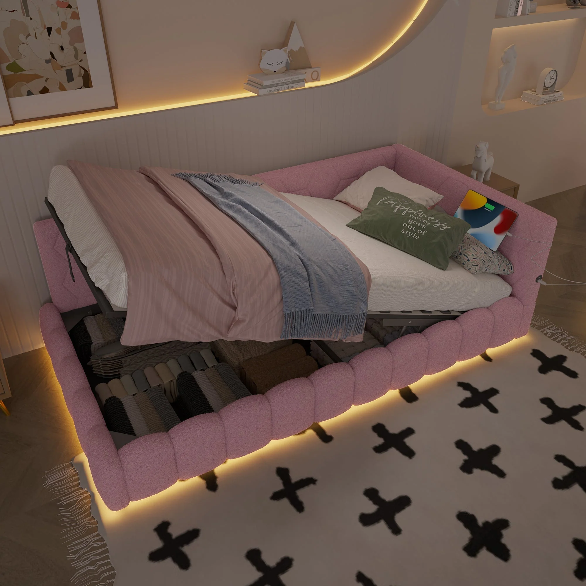 Daybed with LED Light, Hydraulic Storage and USB Charging, Pink Imitation Fleece - Image 7