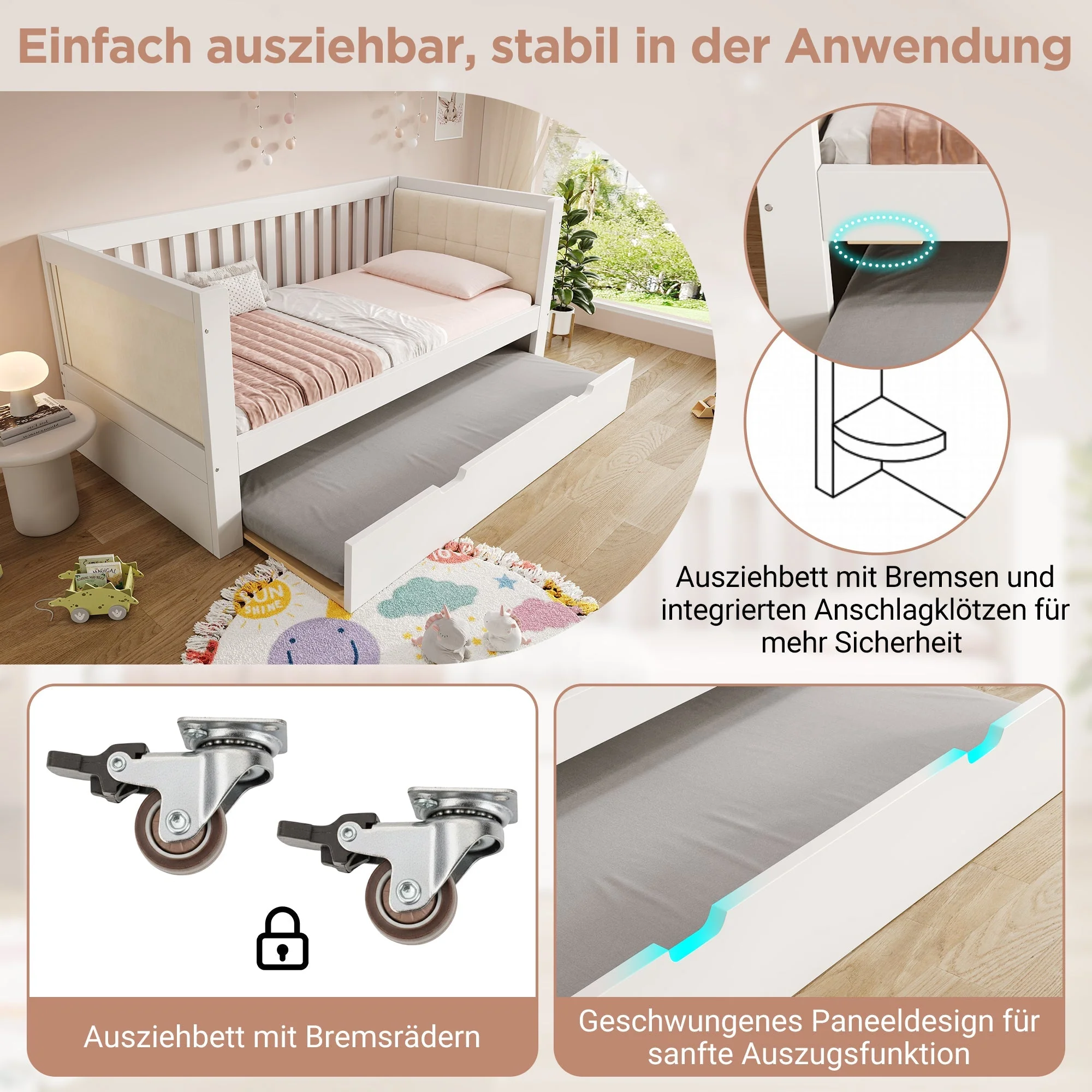 Daybed with Pull-out Bed, 90x200cm and 90x190cm, Space-Saving Wood, White - Image 4