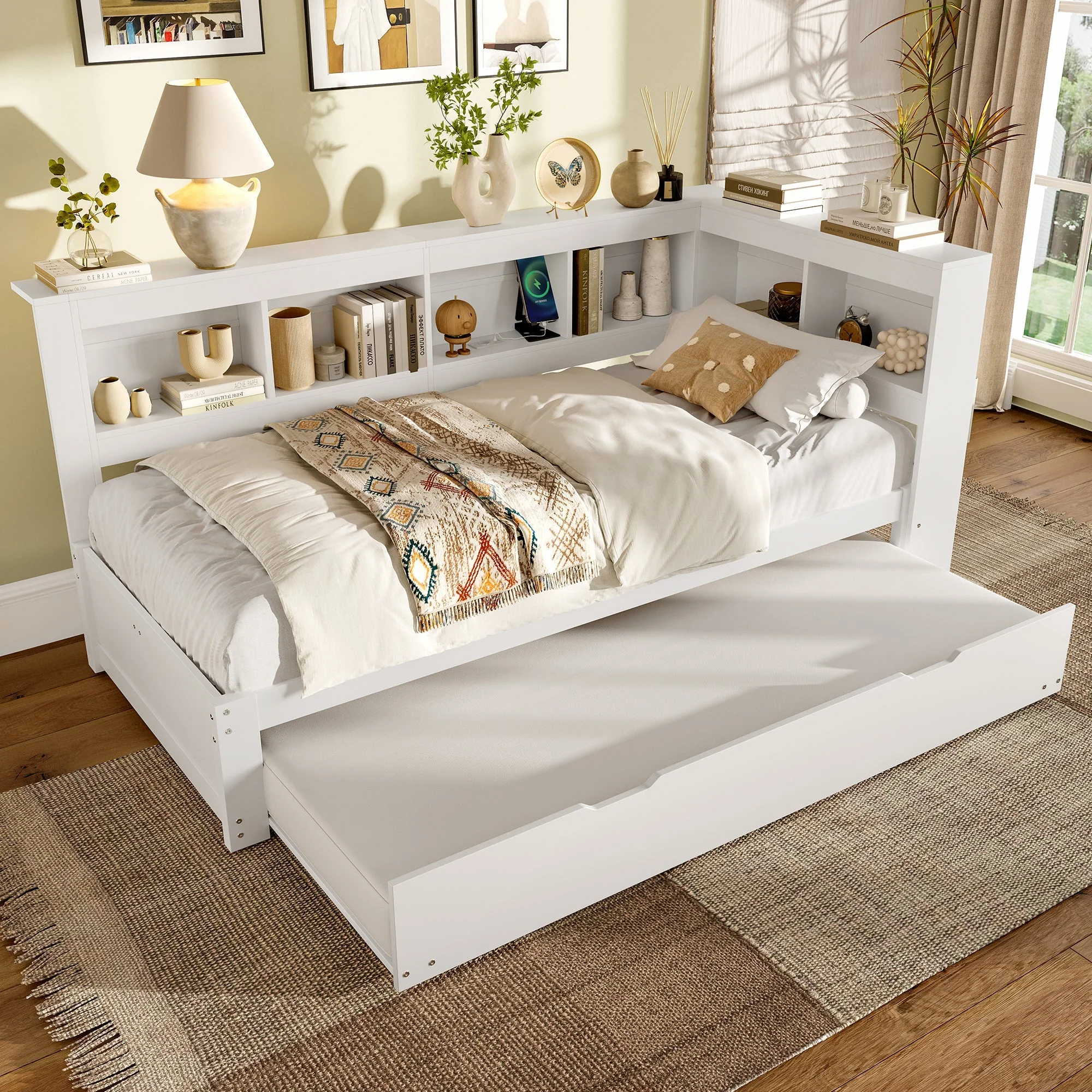 Daybed with Pull-Out Bed, 90x200cm, Power Outlet and 2 USB Ports, White Chipboard - Image 2