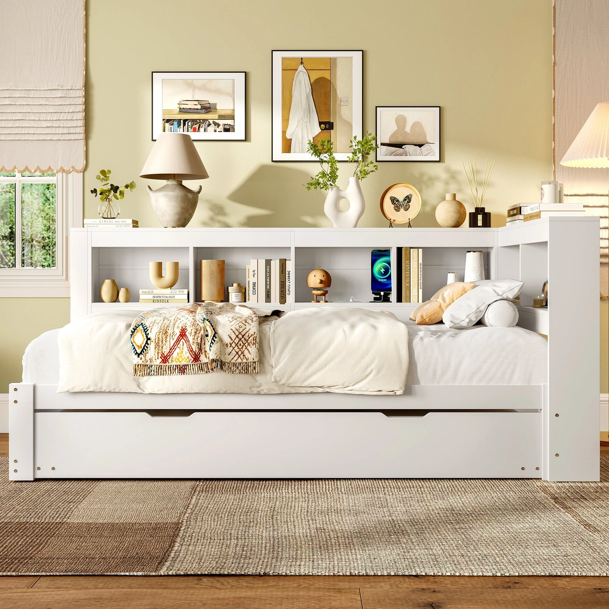 Daybed with Pull-Out Bed, 90x200cm, Power Outlet and 2 USB Ports, White Chipboard - Image 3
