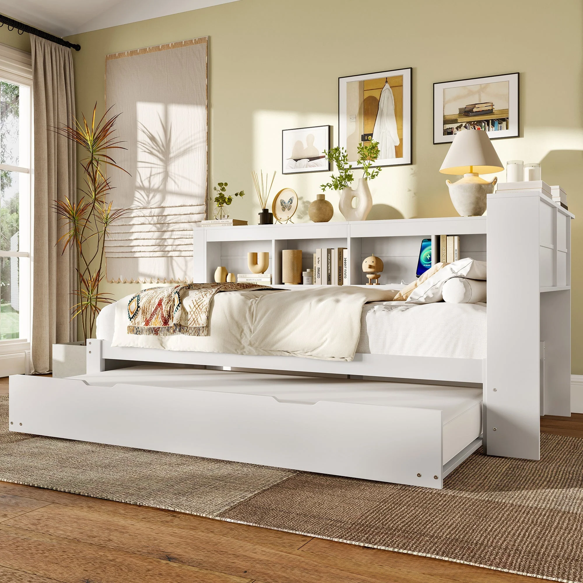 Daybed with Pull-Out Bed, 90x200cm, Power Outlet and 2 USB Ports, White Chipboard - Image 4