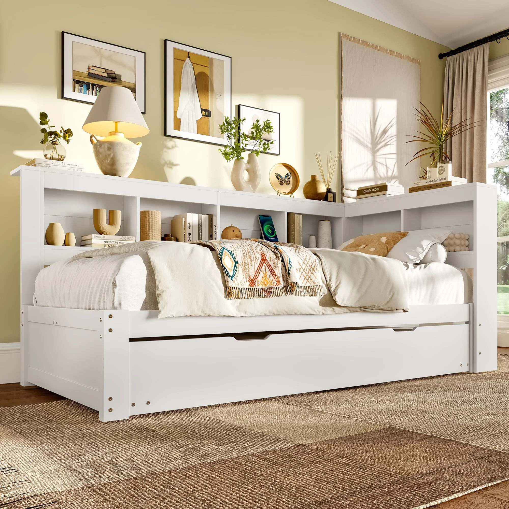 Daybed with Pull-Out Bed, 90x200cm, Power Outlet and 2 USB Ports, White Chipboard - Image 5