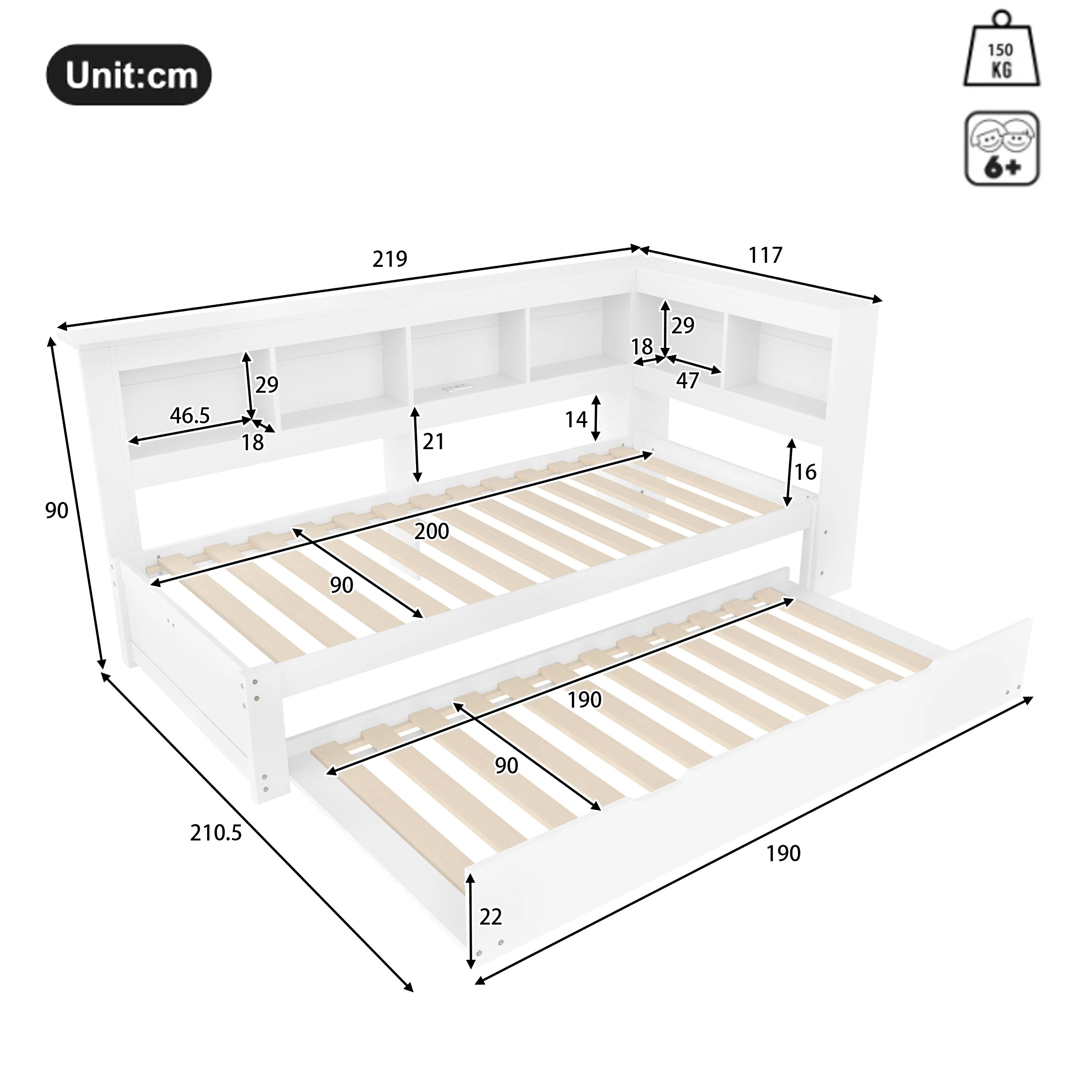 Daybed with Pull-Out Bed, 90x200cm, Power Outlet and 2 USB Ports, White Chipboard - Image 6