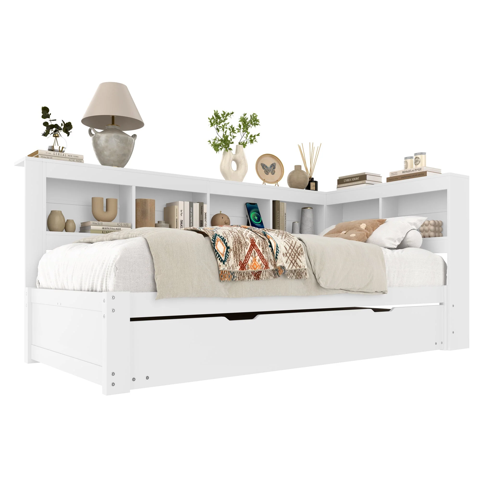 Daybed with Pull-Out Bed, 90x200cm, Power Outlet and 2 USB Ports, White Chipboard - Image 7
