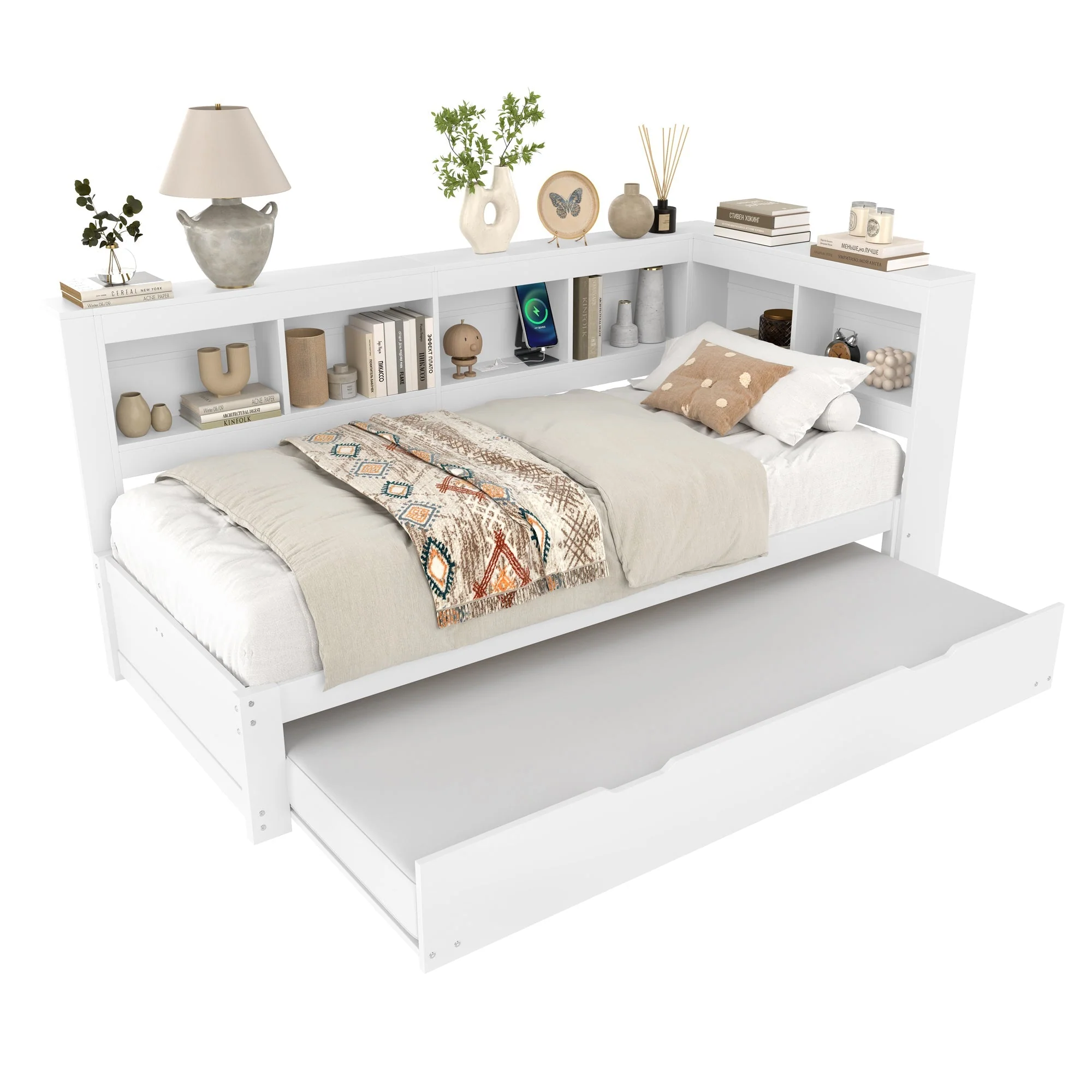 Daybed with Pull-Out Bed, 90x200cm, Power Outlet and 2 USB Ports, White Chipboard - Image 8