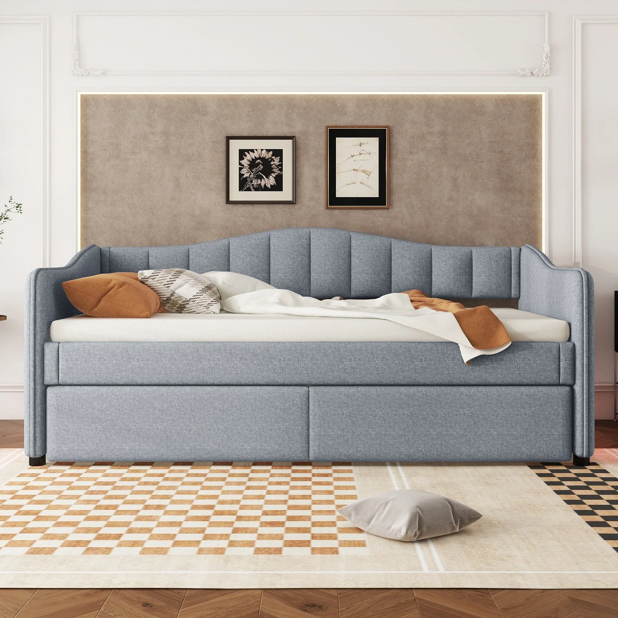 Daybed with Pull-out Bed and LED Ambient Lighting, 90x200cm, Grey Linen - Image 2