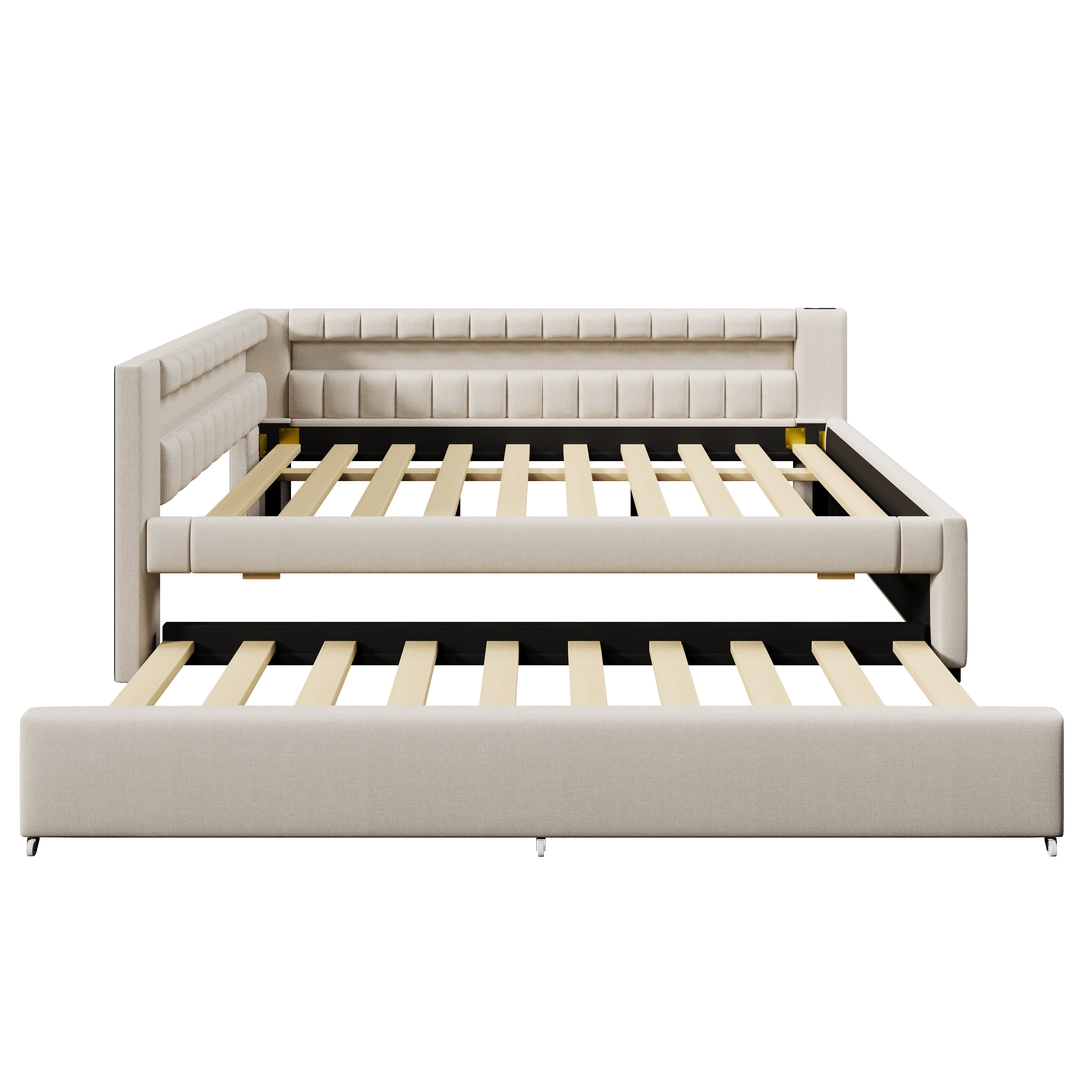 Daybed with Pull-Out Bed, LED Light Strip and USB Ports, Beige Linen - Image 10