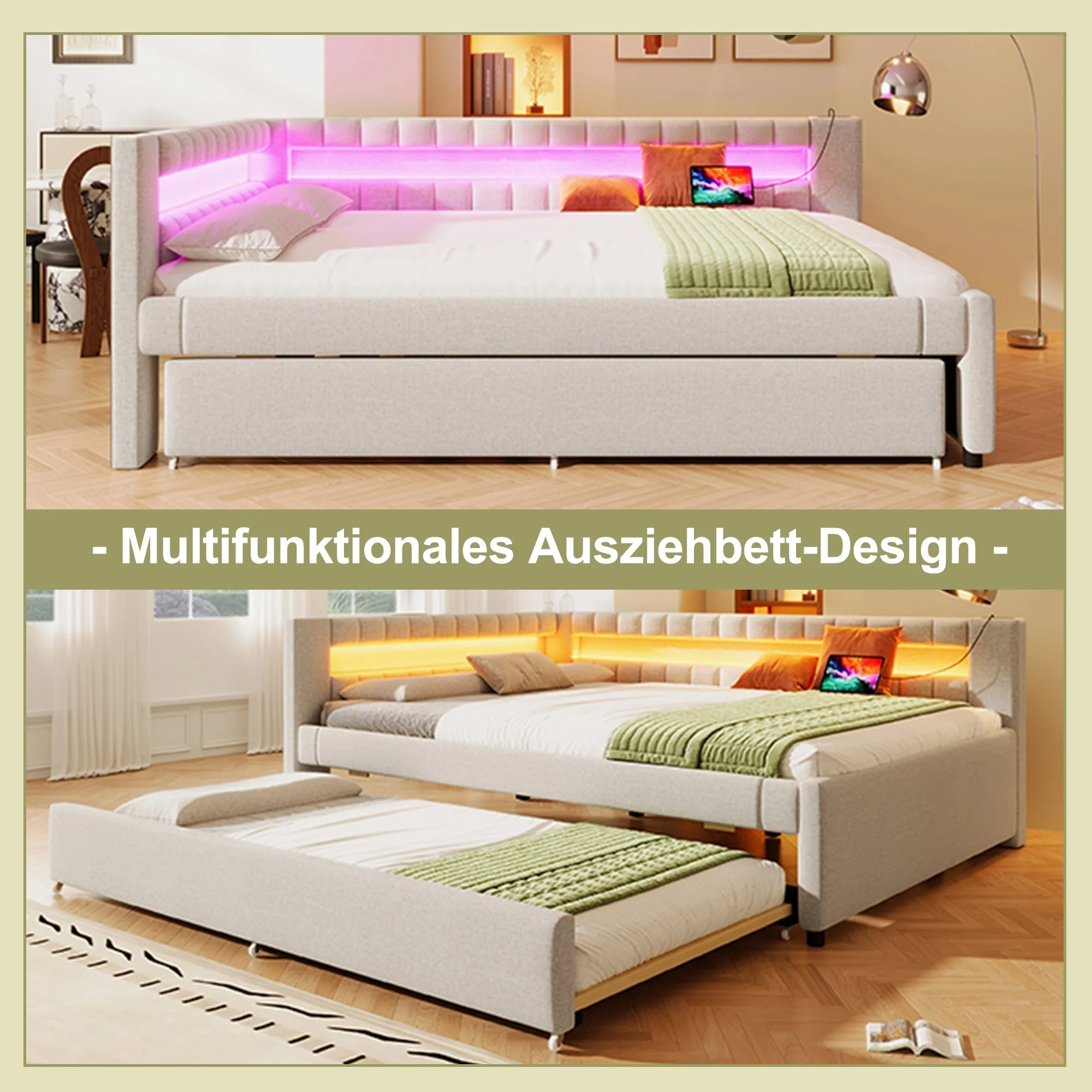Daybed with Pull-Out Bed, LED Light Strip and USB Ports, Beige Linen - Image 3