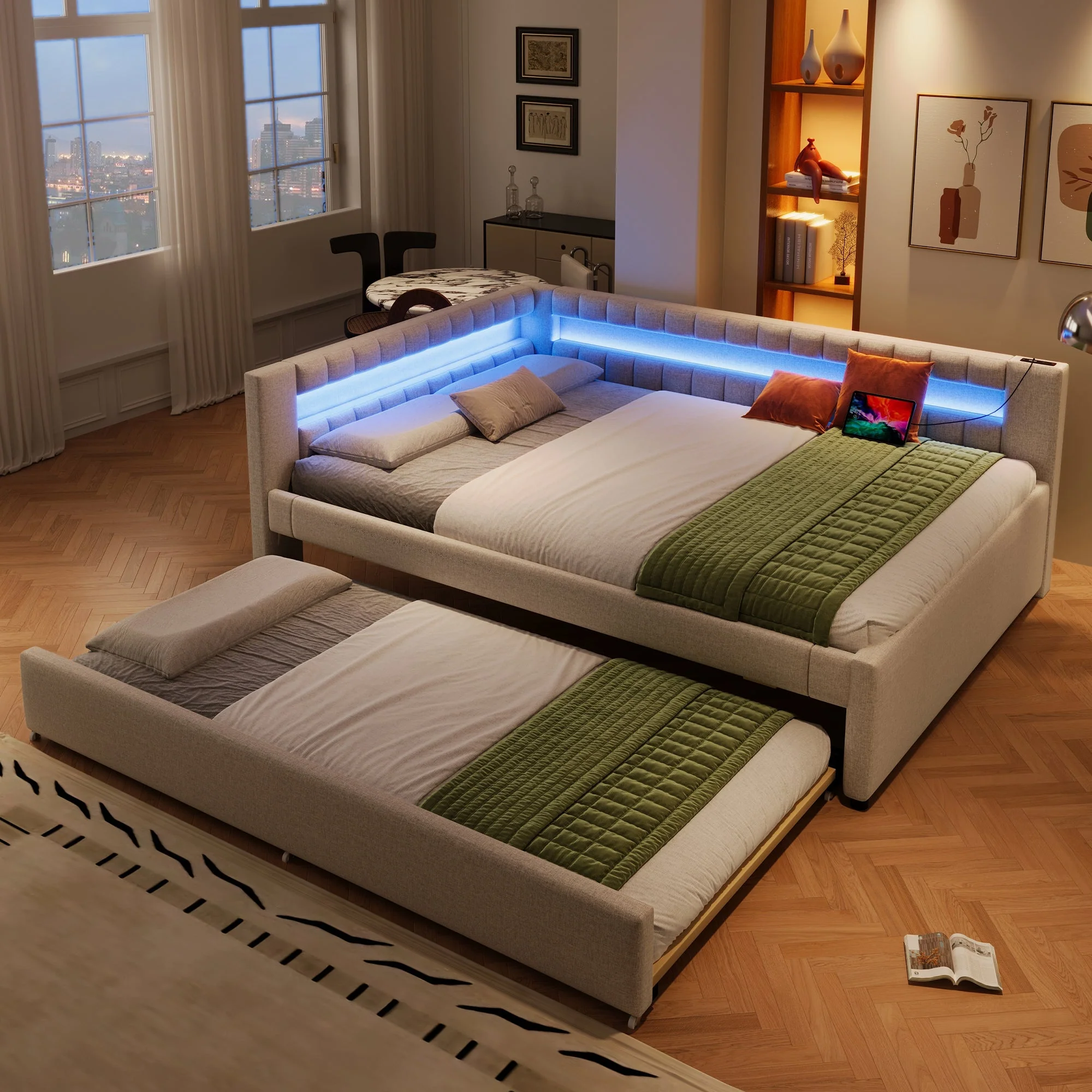 Daybed with Pull-Out Bed, LED Light Strip and USB Ports, Beige Linen - Image 5