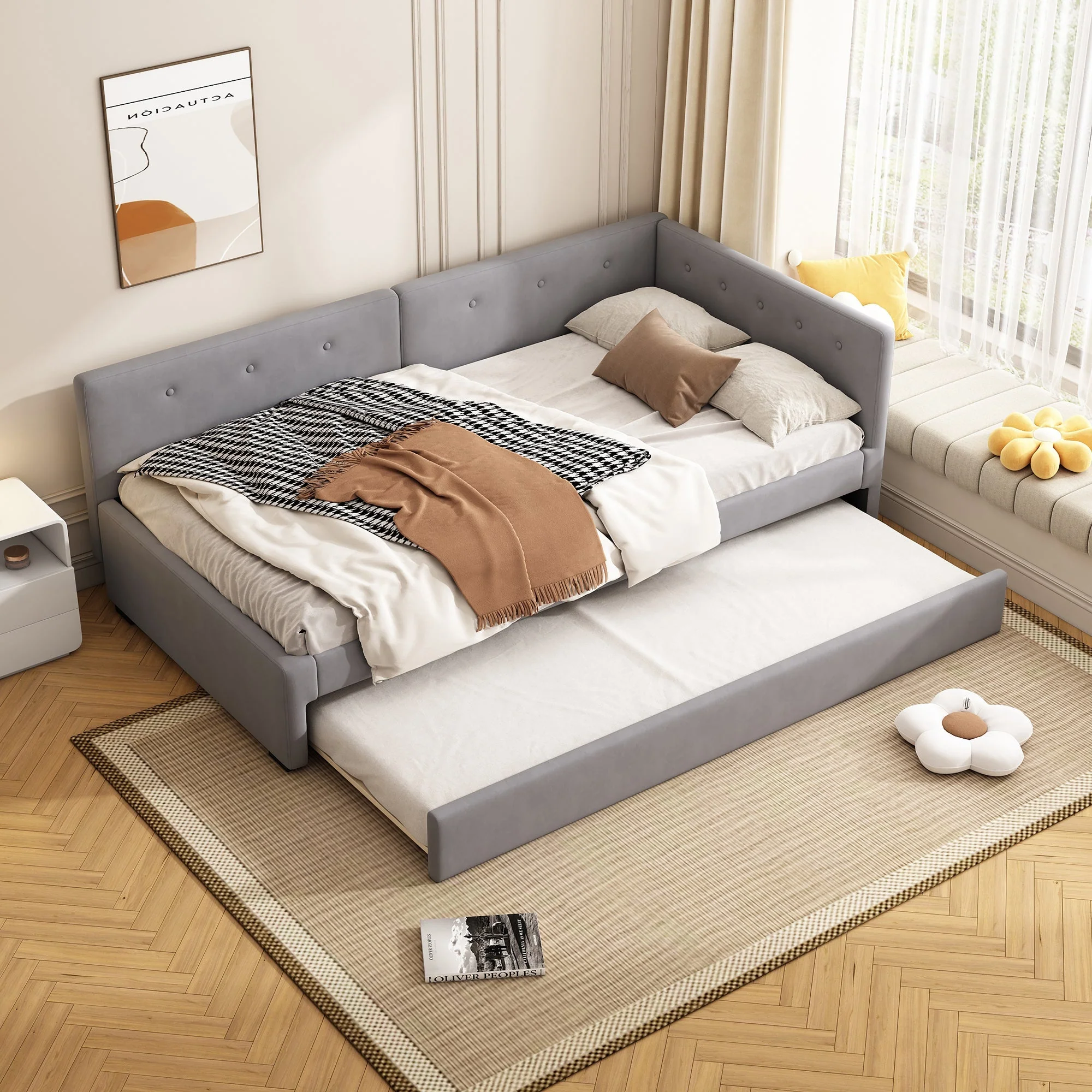 Daybed with Rollaway Bed, 90x200cm Single Sofa Bed and Lattenrost, Grey Velvet - Image 3