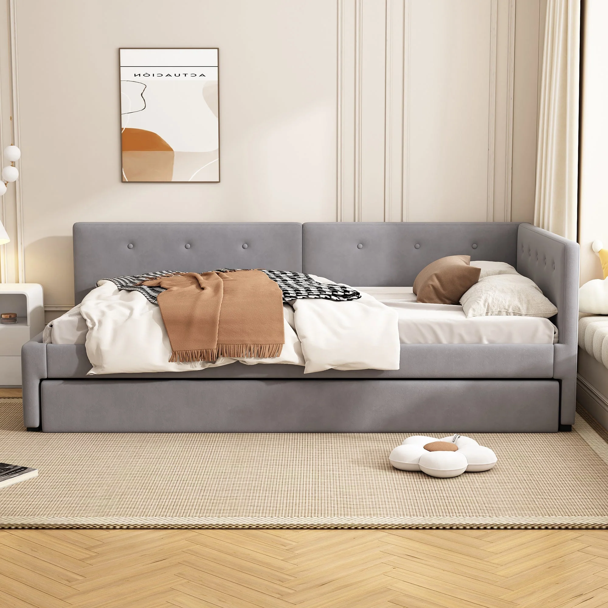 Daybed with Rollaway Bed, 90x200cm Single Sofa Bed and Lattenrost, Grey Velvet - Image 4