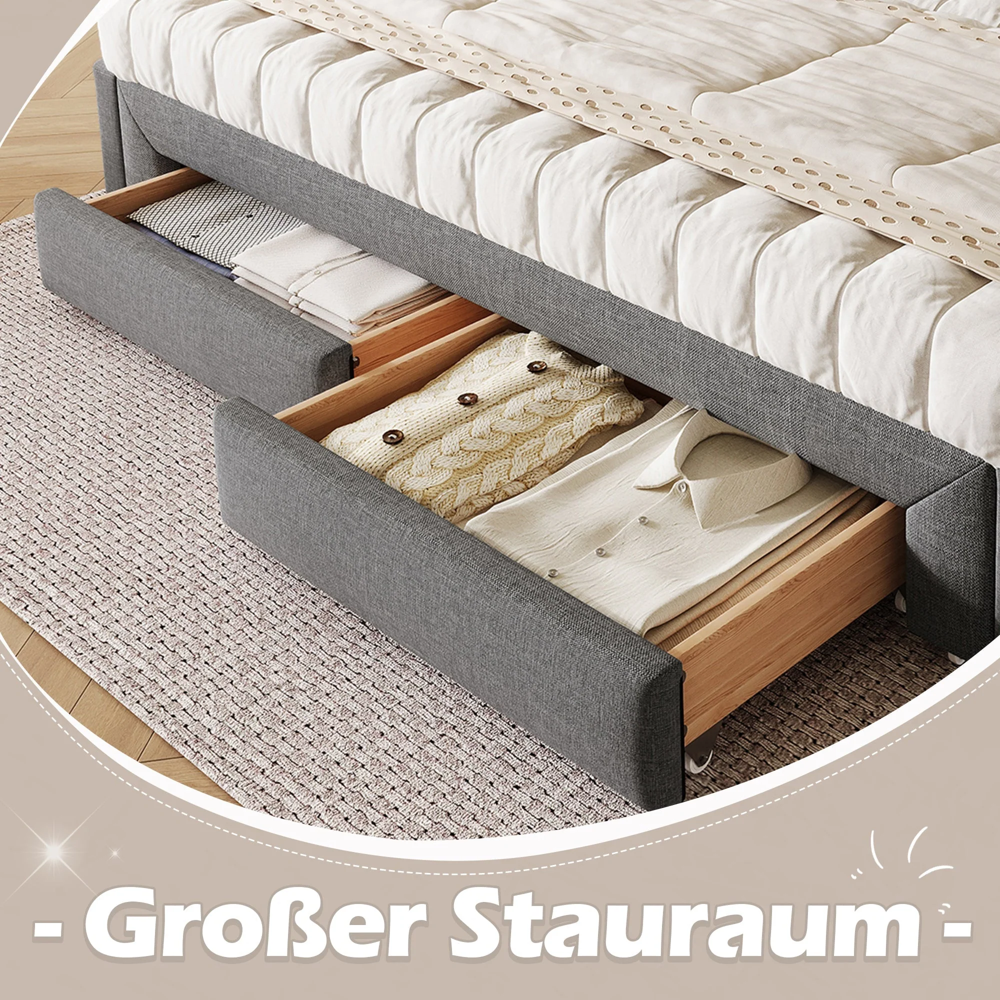 Daybed with Square Backrest and 2 Storage Drawers, Extendable to 180cm, Grey Velvet - Image 4
