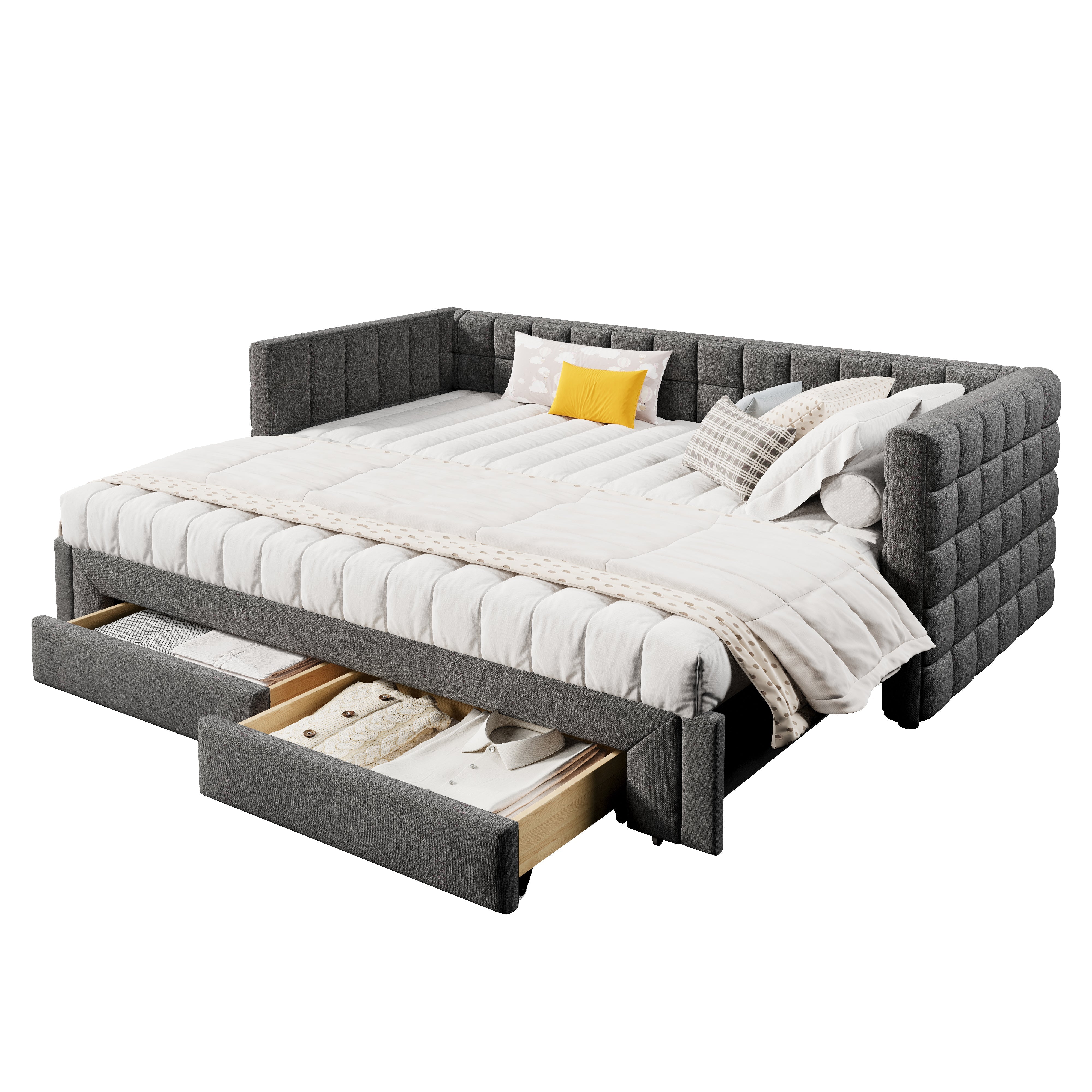 Daybed with Square Backrest and 2 Storage Drawers, Extendable to 180cm, Grey Velvet - Image 9