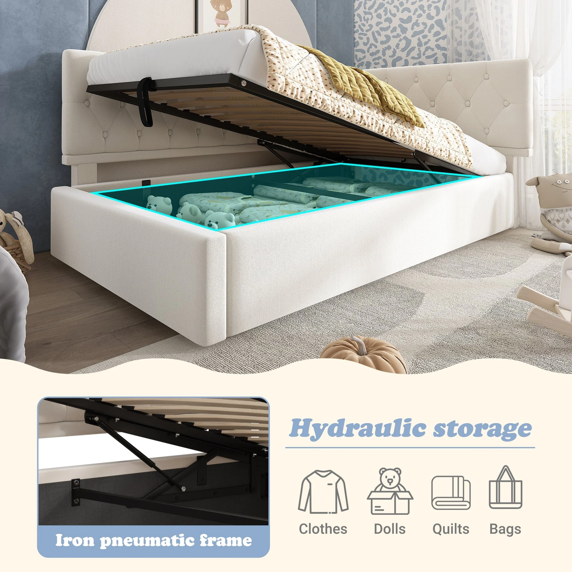 Daybed with Storage, 3FT Single Sofa Bed with Hydraulic Ottoman, Metal Slatted Frame, Velvet Beige - Image 5