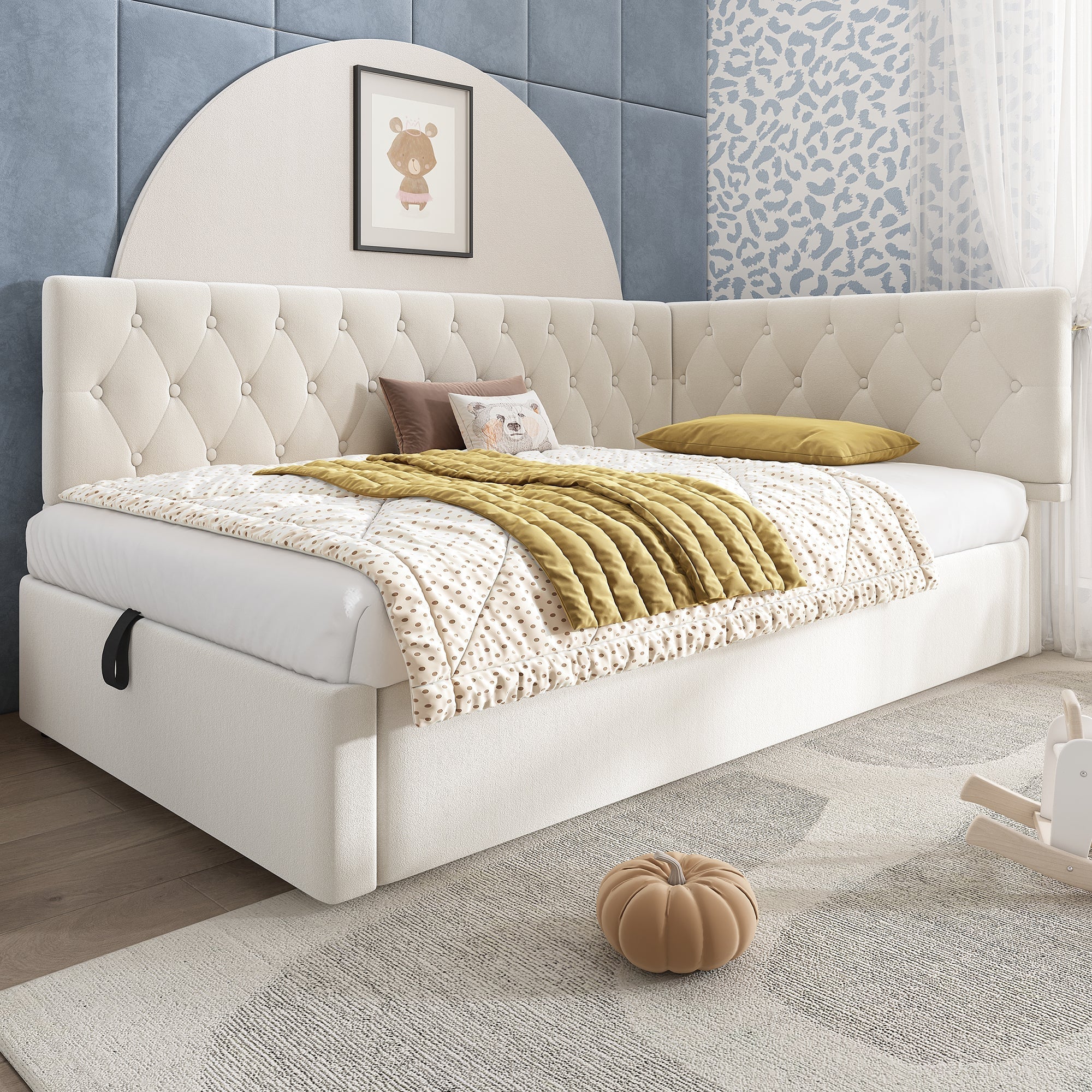 Daybed with Storage, 3FT Single Sofa Bed with Hydraulic Ottoman, Metal Slatted Frame, Velvet Beige - Image 8