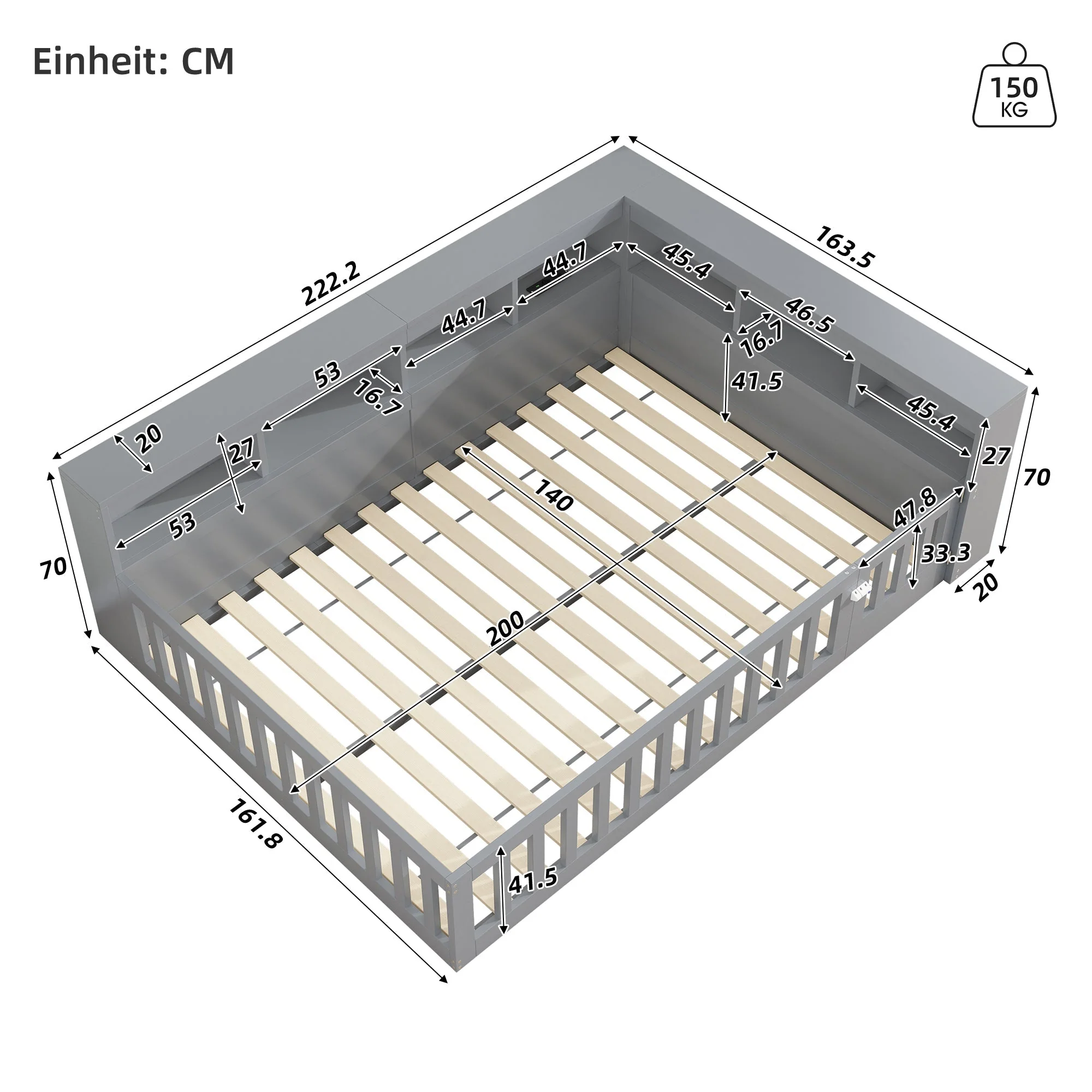 Daybed with Storage and USB Charging Port, 140x200cm, Grey Chipboard - Image 7