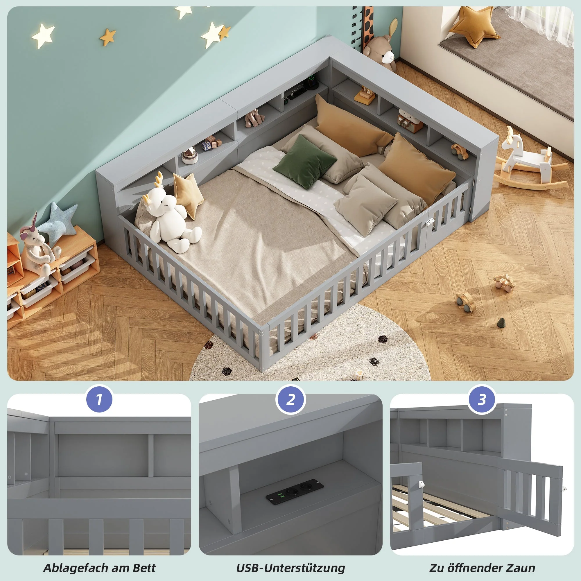 Daybed with Storage and USB Ports, 140x190cm Sofa Bed with Slatted Base and Railing, Grey Chipboard - Image 3