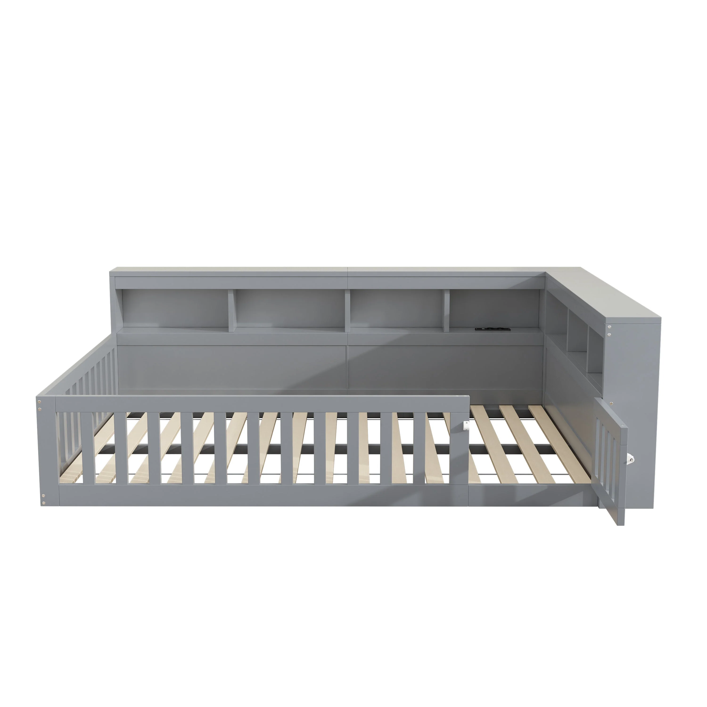 Daybed with Storage and USB Ports, 140x190cm Sofa Bed with Slatted Base and Railing, Grey Chipboard - Image 9