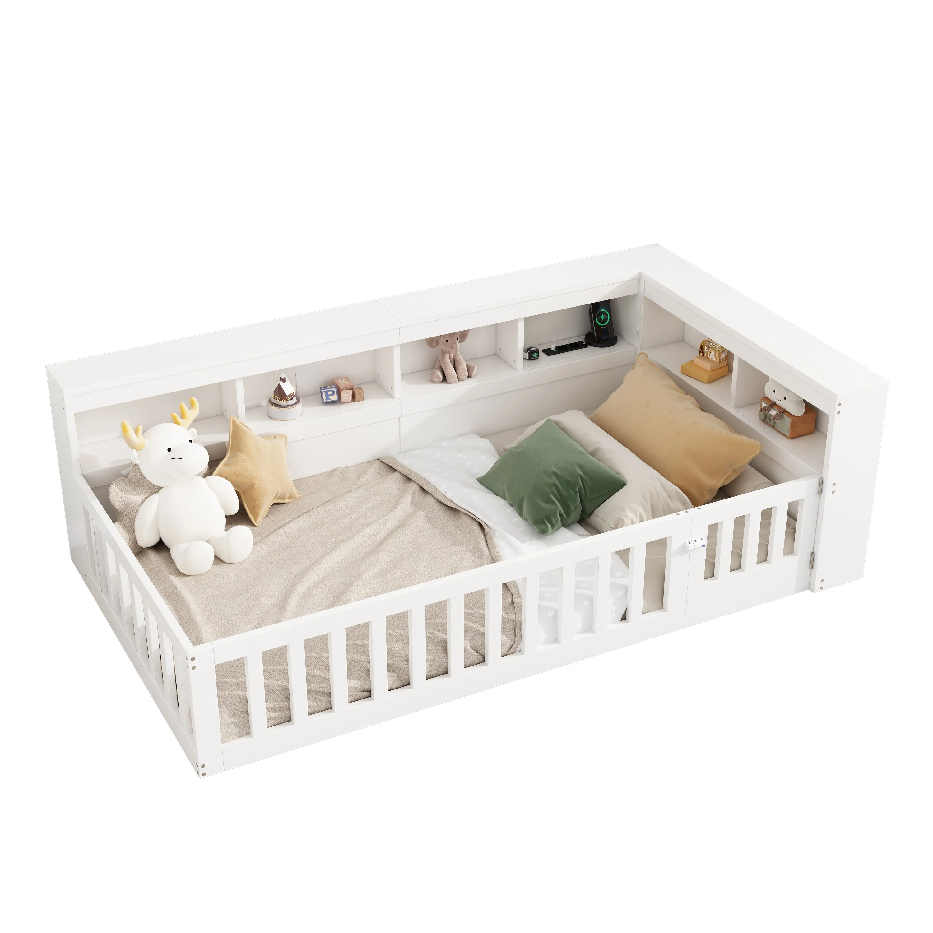 Daybed with Storage Compartment, USB Port and Slatted Base, White Chipboard - Image 6
