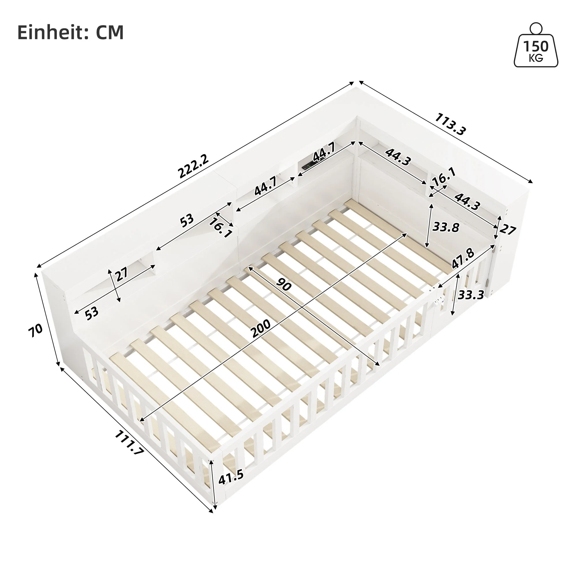 Daybed with Storage Compartment, USB Port and Slatted Base, White Chipboard - Image 7