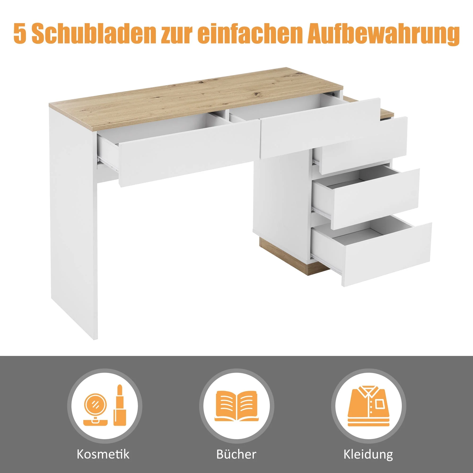 Desk and Dressing Table with 5 Storage Drawers, White and Oak - Image 5